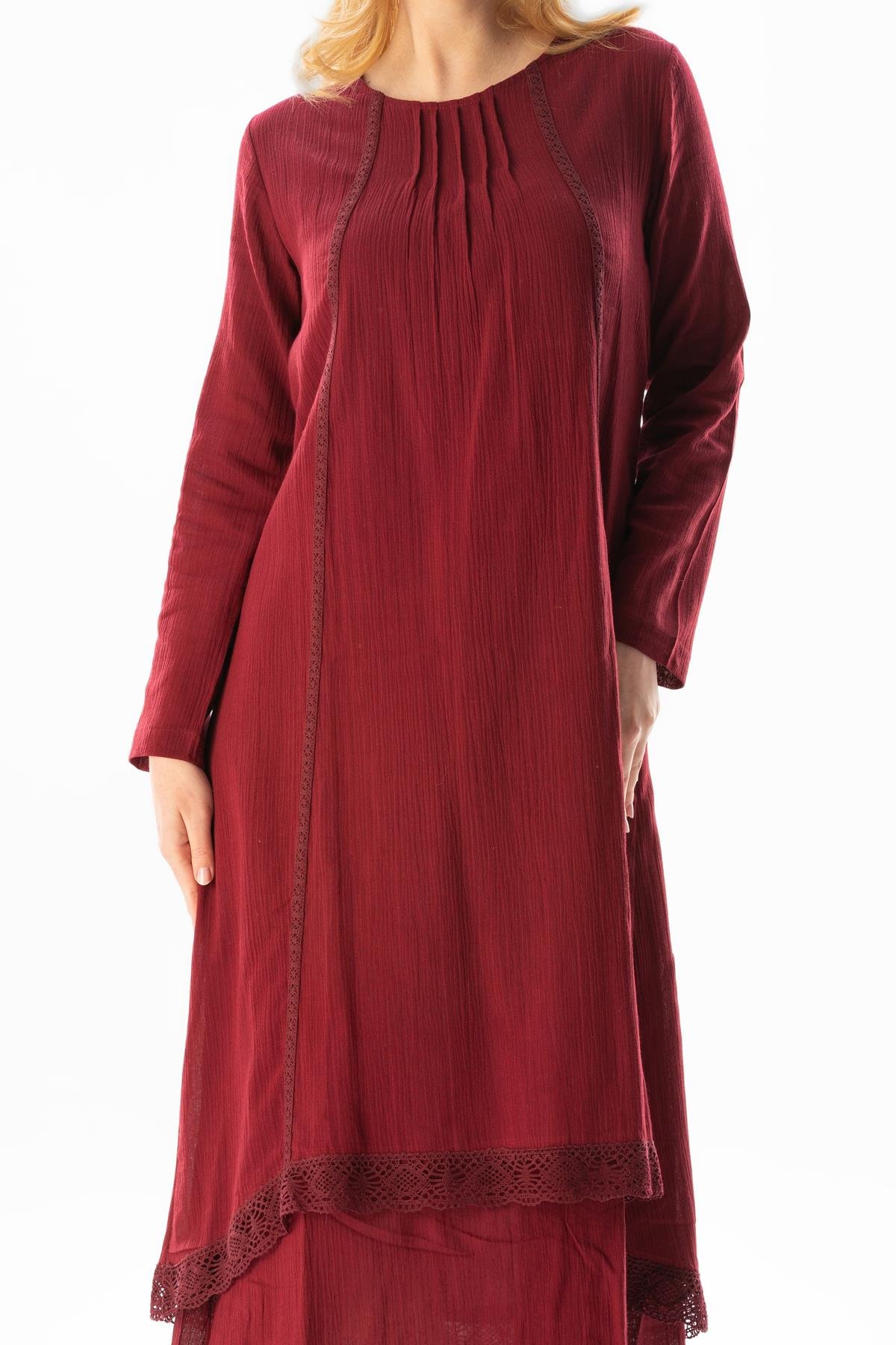 Long Sleeve Şile Fabric Nervürlü Long Dress Claret Red