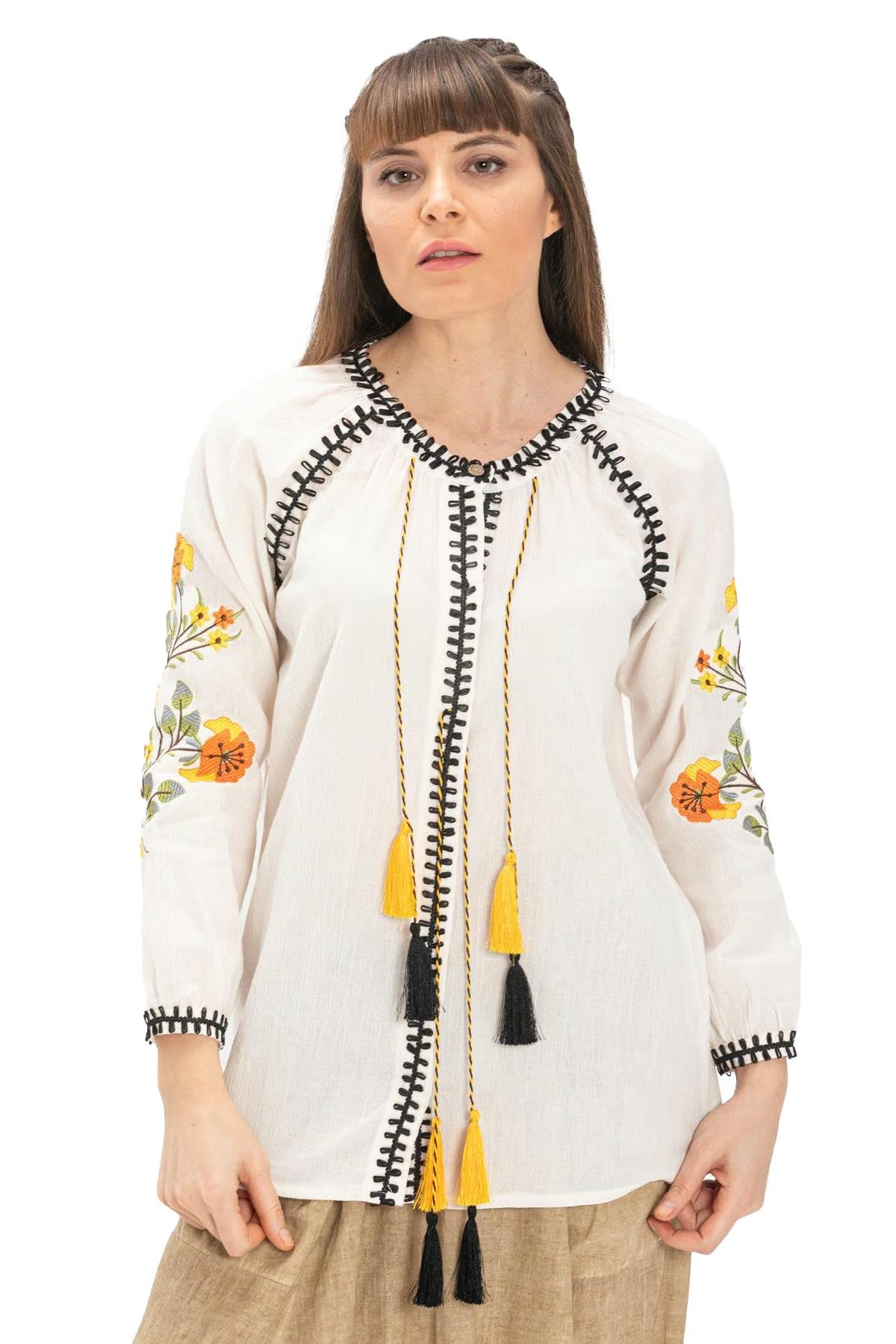 Uzun Kol Şile Bezi Nigar Bluz Krem Krm