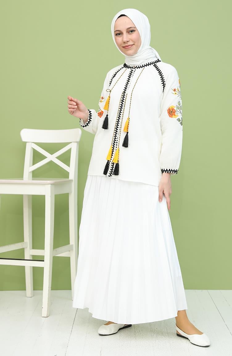 Uzun Kol Şile Bezi Nigar Bluz Krem Krm