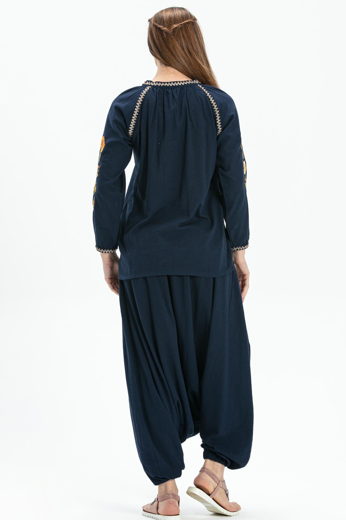 Long Sleeve Sile Fabric Nigar Blouse Navy Blue