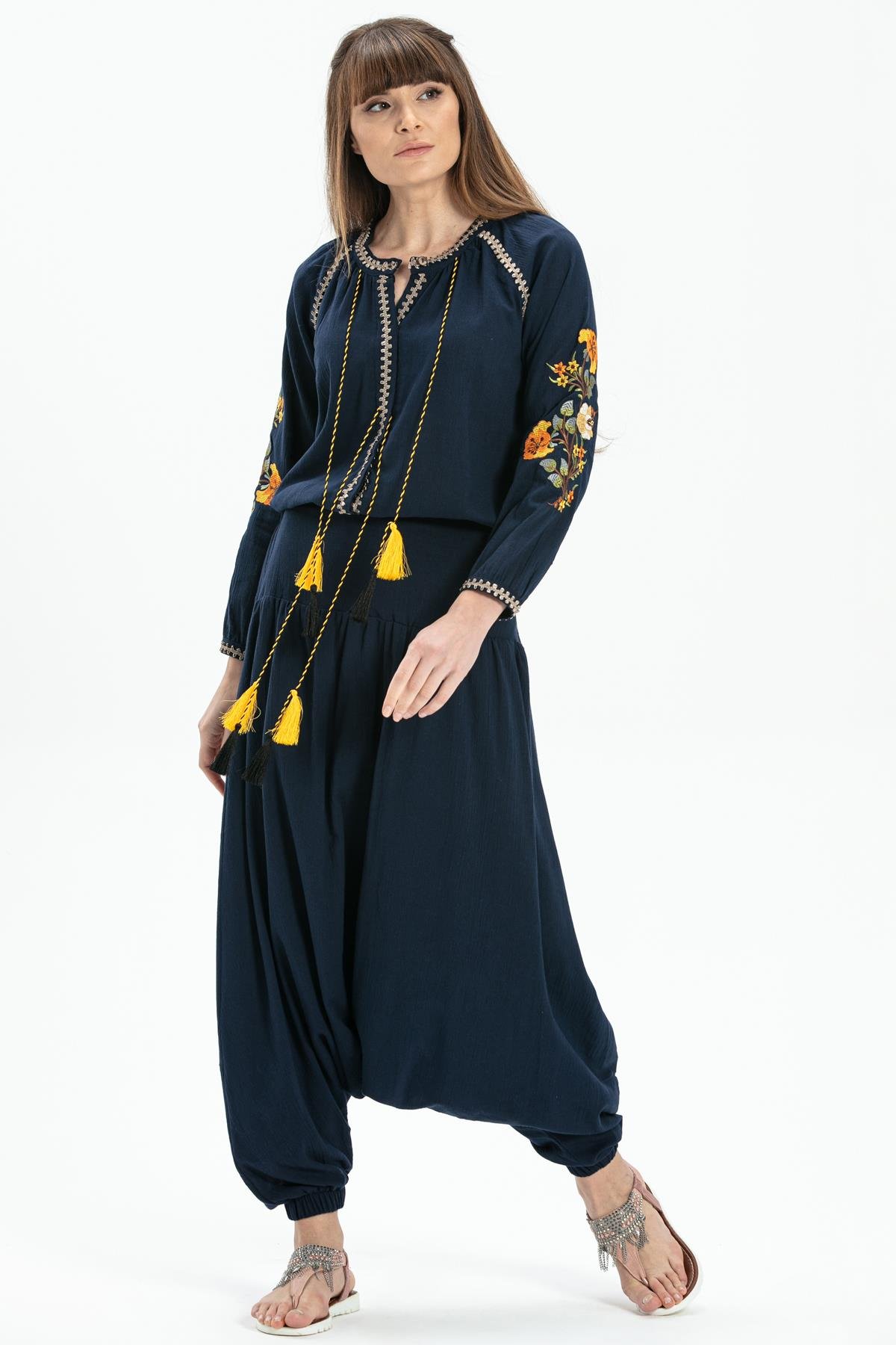 Long Sleeve Sile Fabric Nigar Blouse Navy Blue