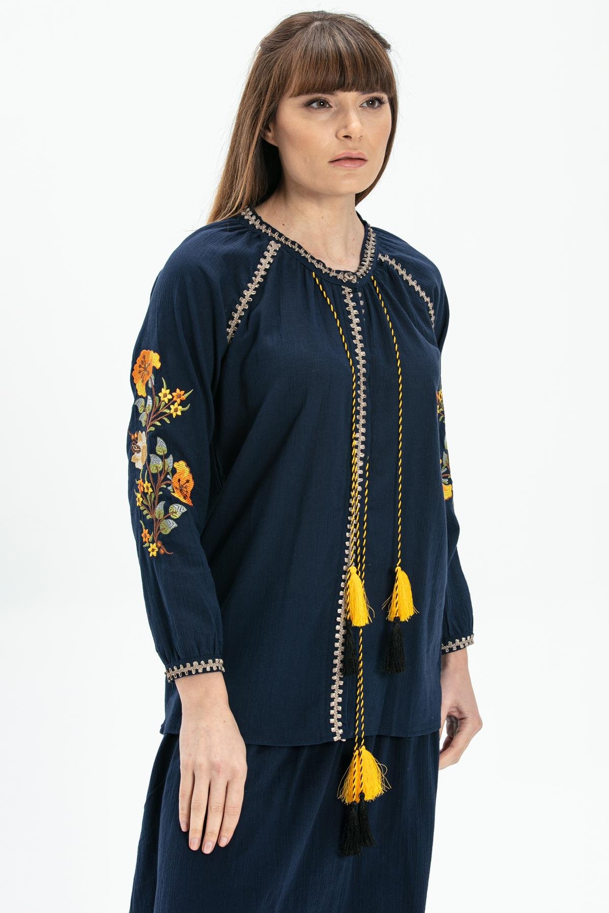 Long Sleeve Sile Fabric Nigar Blouse Navy Blue