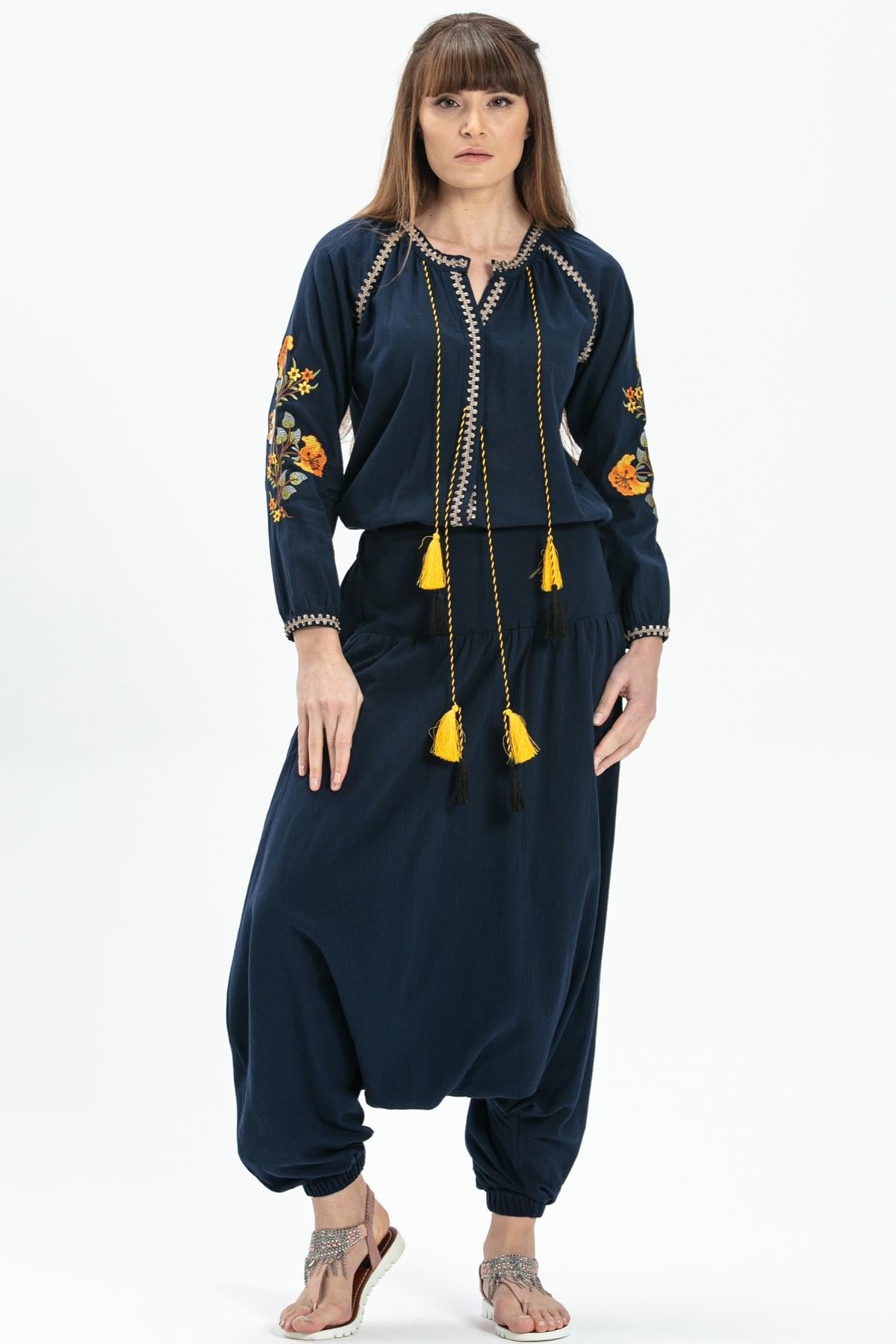 Long Sleeve Sile Fabric Nigar Blouse Navy Blue