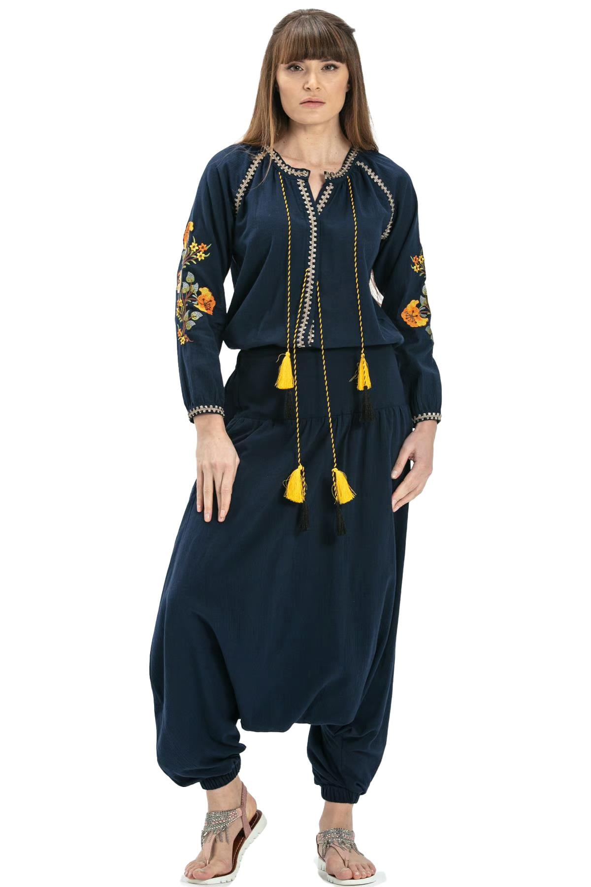 Long Sleeve Sile Fabric Nigar Blouse Navy Blue