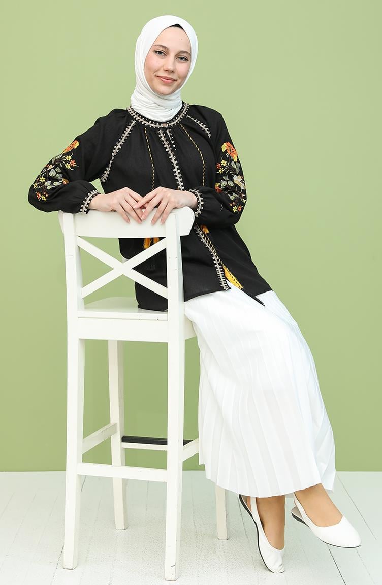 Uzun Kol Şile Bezi Nigar Bluz Siyah Syh