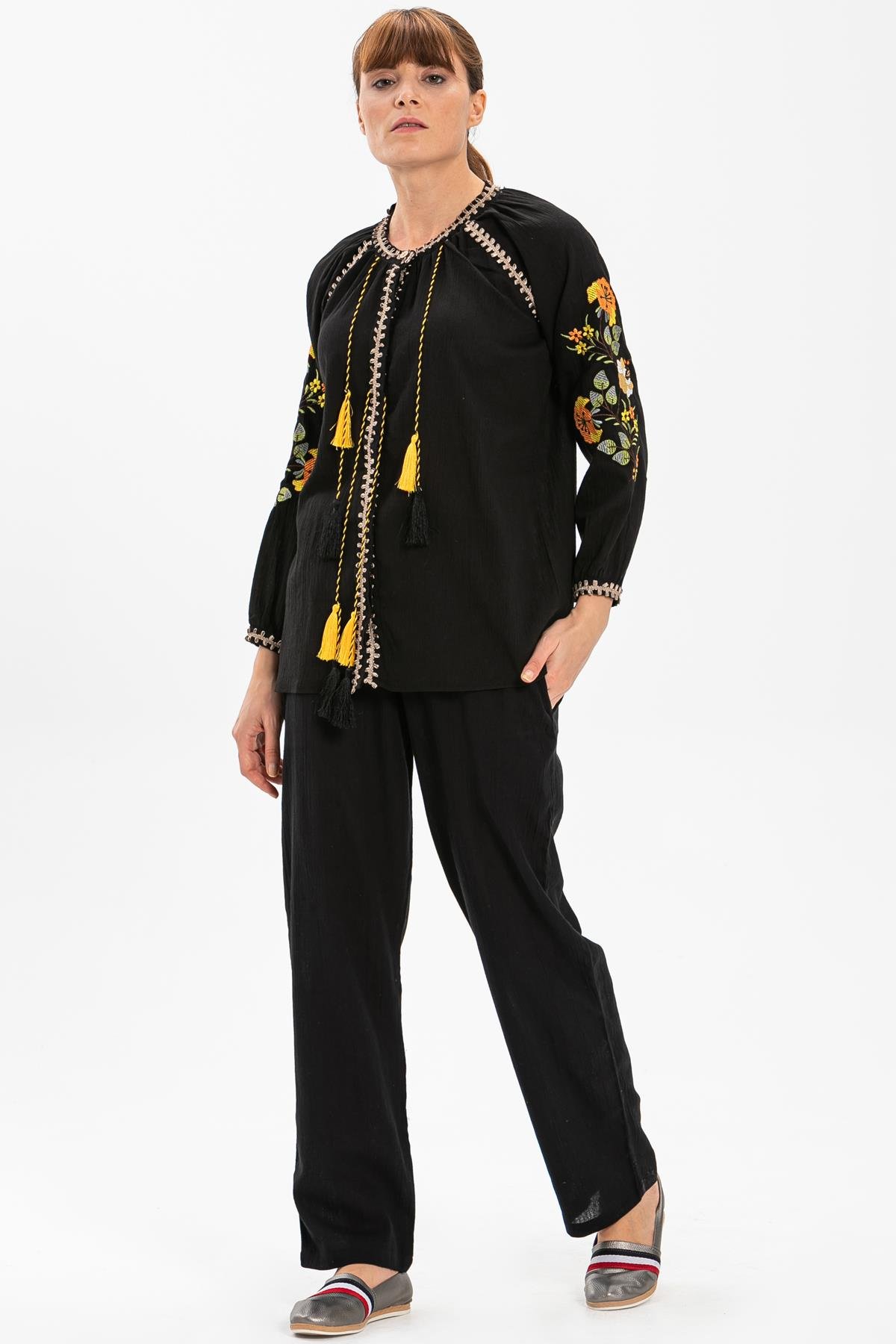 Uzun Kol Şile Bezi Nigar Bluz Siyah Syh