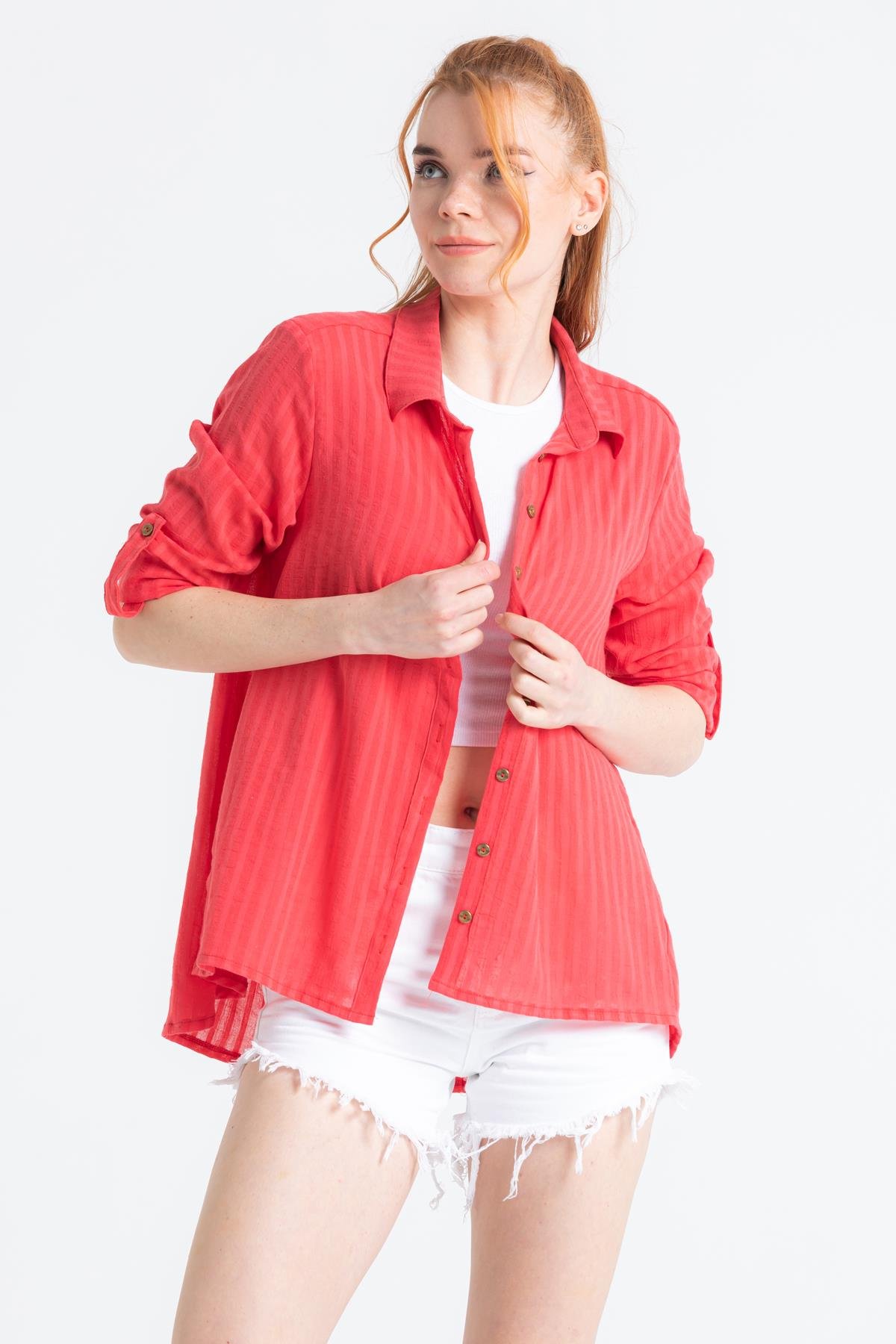 Uzun Kol Şile Bezi Peyker Gömlek Mercan Mrcn