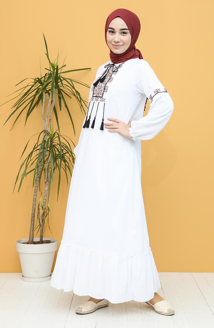 Uzun Kol Şile Bezi Seher Uzun Elbise Beyaz Byz