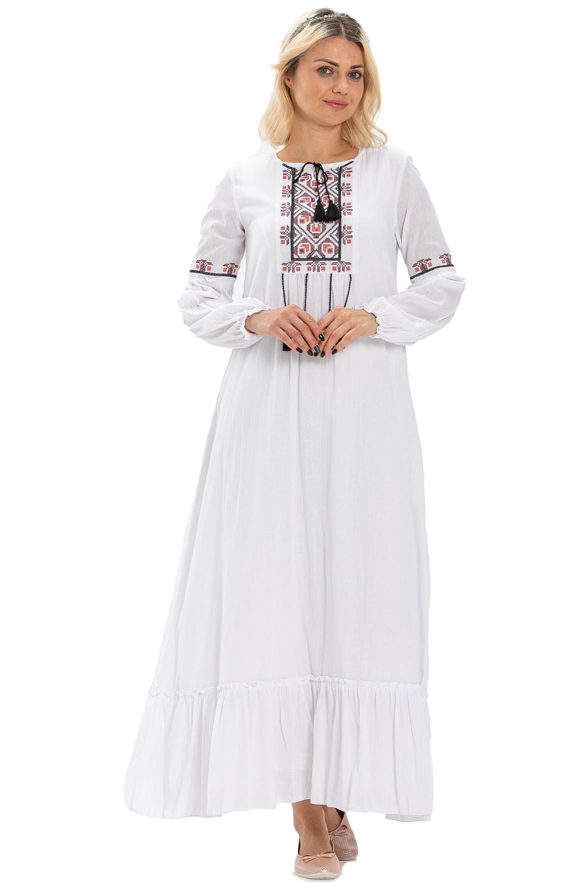 Uzun Kol Şile Bezi Seher Uzun Elbise Beyaz Byz