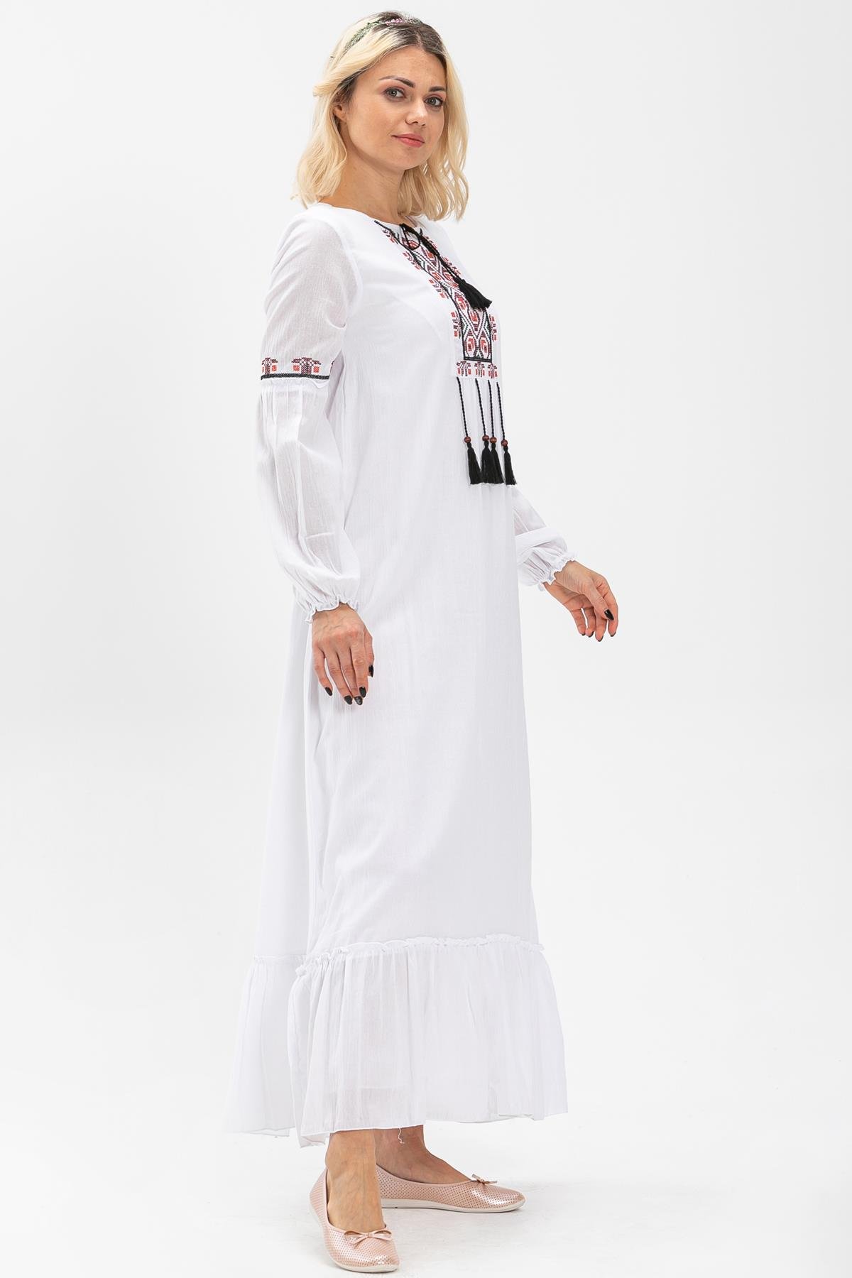 Uzun Kol Şile Bezi Seher Uzun Elbise Beyaz Byz