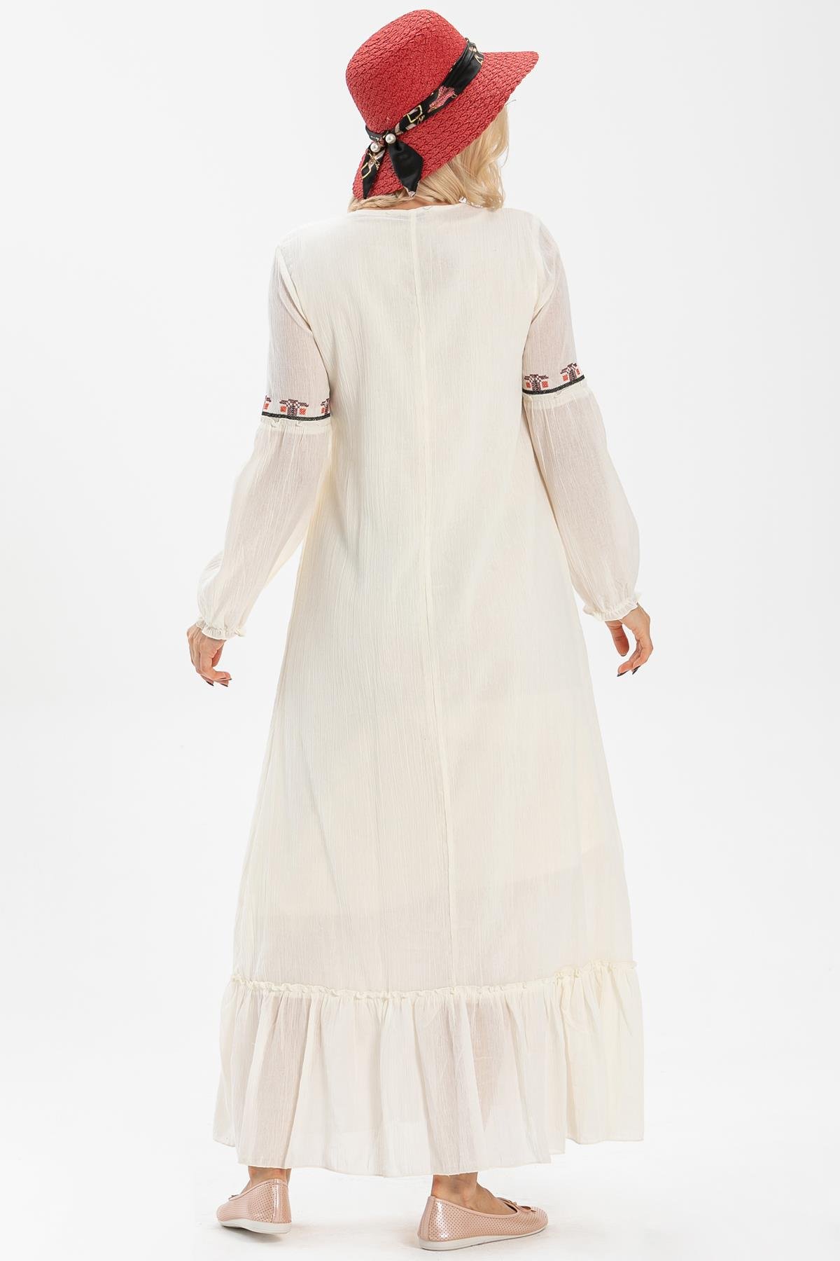 Uzun Kol Şile Bezi Seher Uzun Elbise Krem Krm