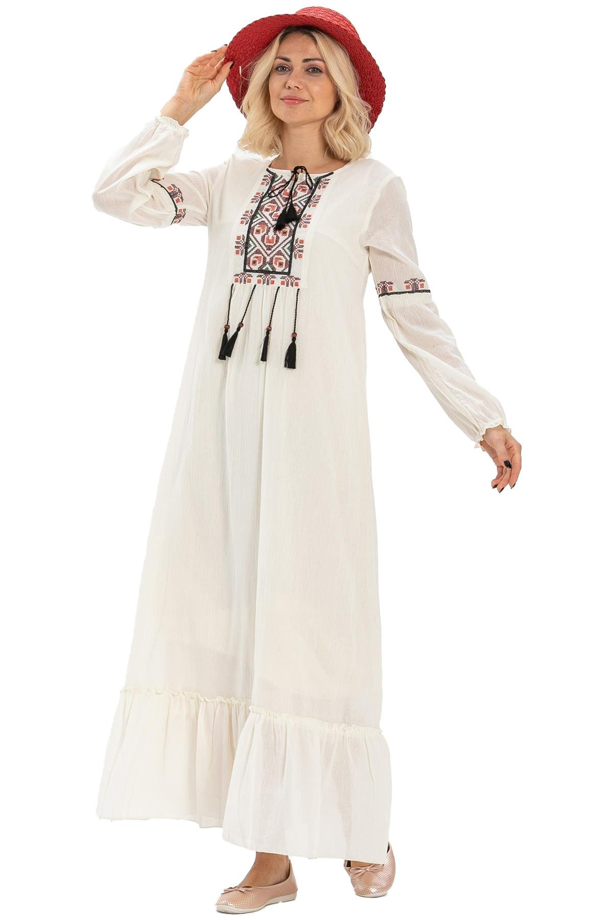 Uzun Kol Şile Bezi Seher Uzun Elbise Krem Krm