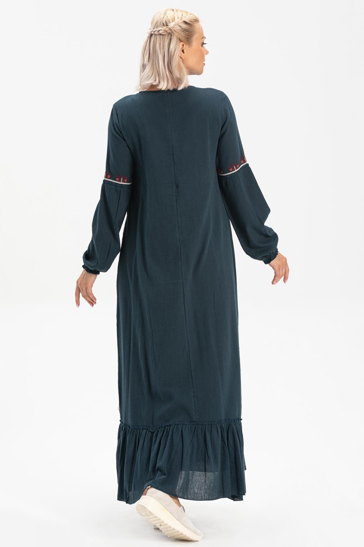 Uzun Kol Şile Bezi Seher Uzun Elbise Petrol Ptrl