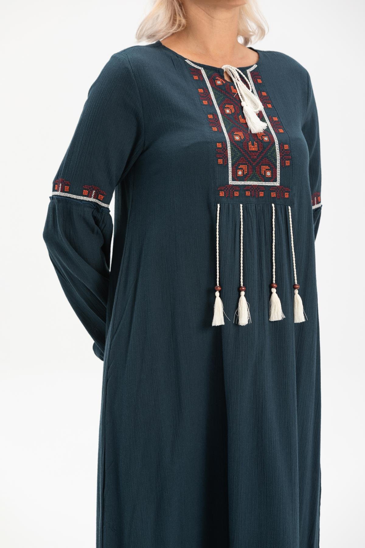 Uzun Kol Şile Bezi Seher Uzun Elbise Petrol Ptrl