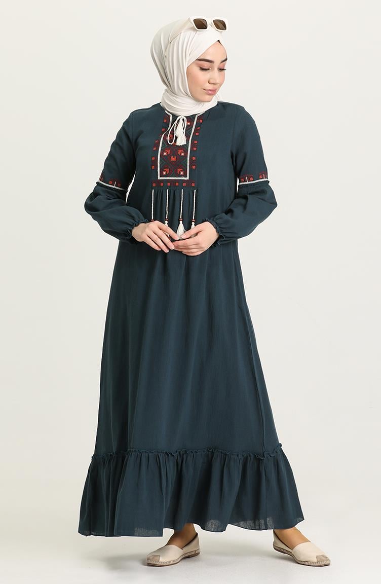 Uzun Kol Şile Bezi Seher Uzun Elbise Petrol Ptrl