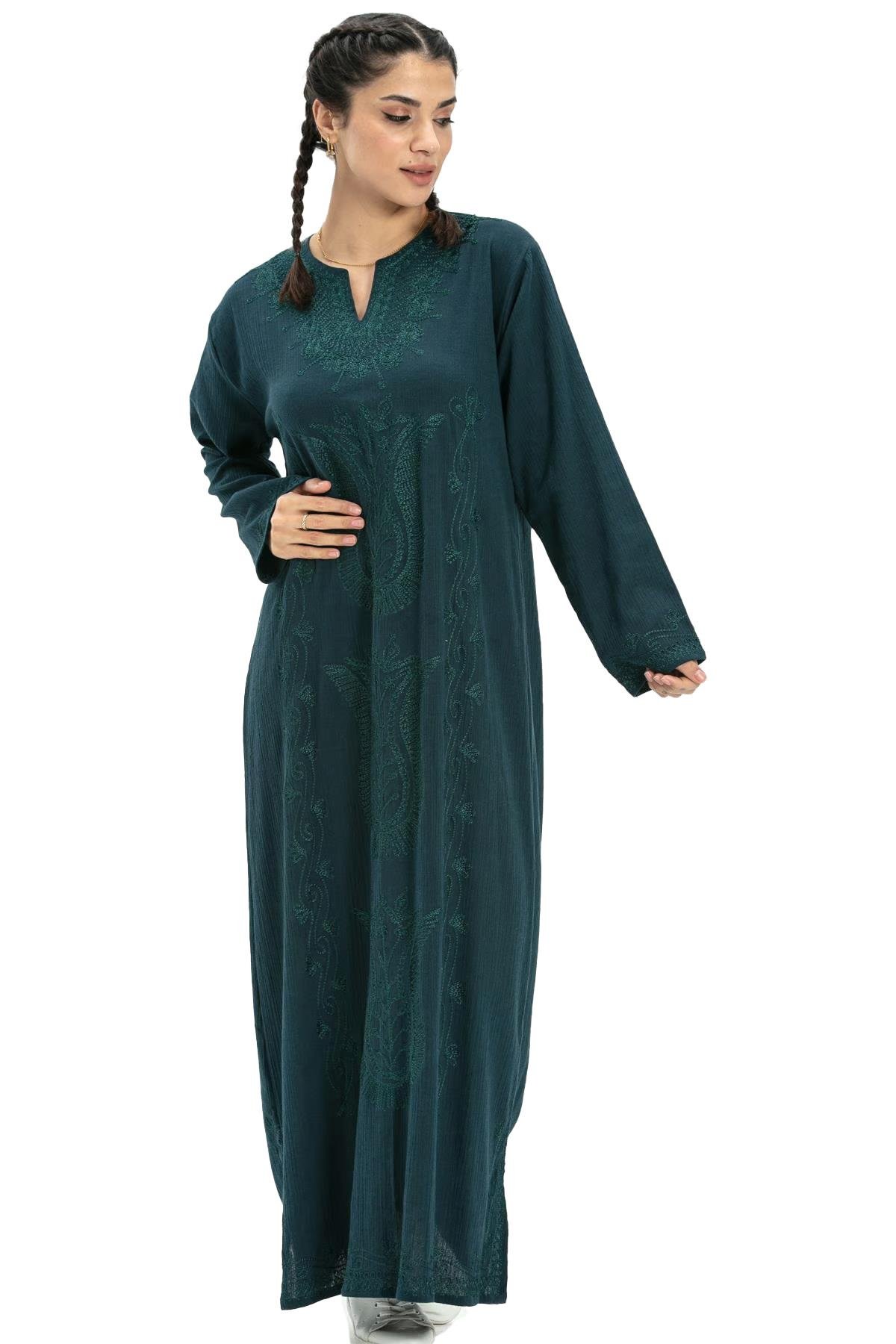 Uzun Kol Şile Bezi Simli Kaftan Midi Boy Elbise Petrol Ptrl