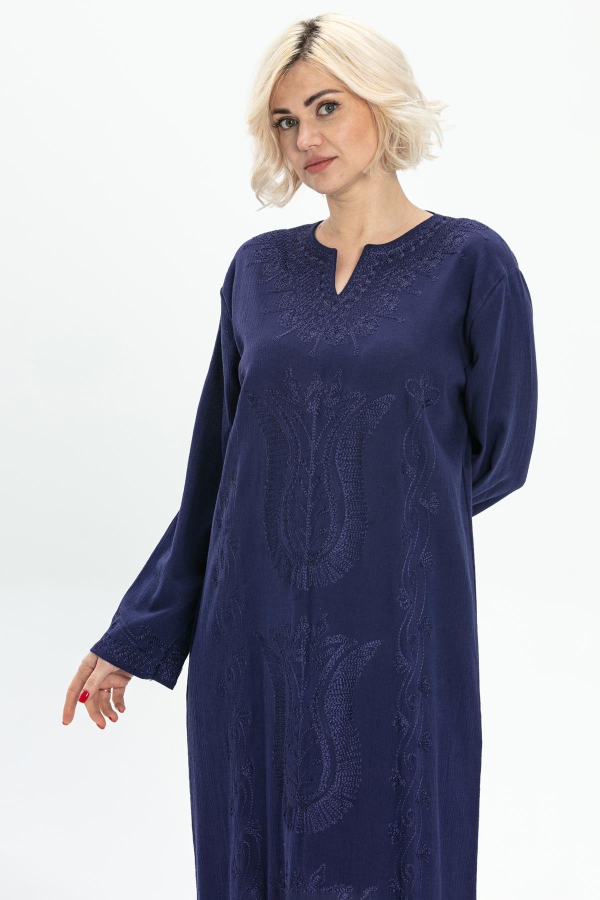 Uzun Kol Şile Bezi Simli Kaftan Midi Boy Elbise Mor Mor