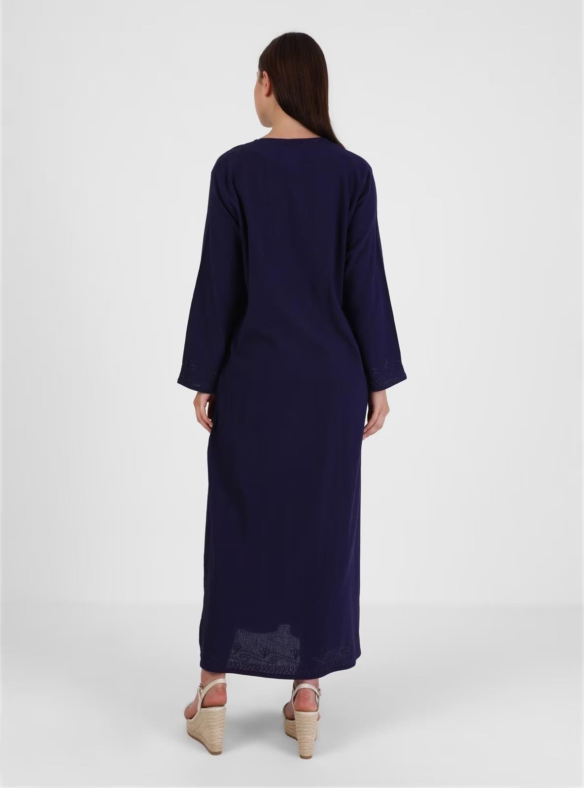 Uzun Kol Şile Bezi Simli Kaftan Midi Boy Elbise Mor Mor