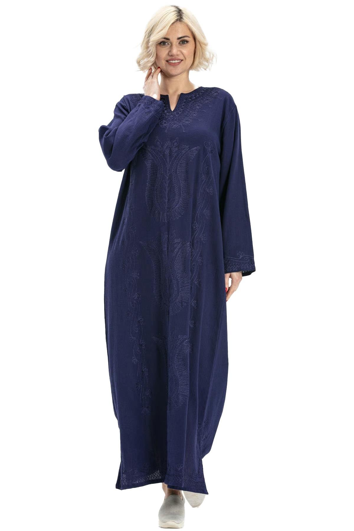 Uzun Kol Şile Bezi Simli Kaftan Midi Boy Elbise Mor Mor