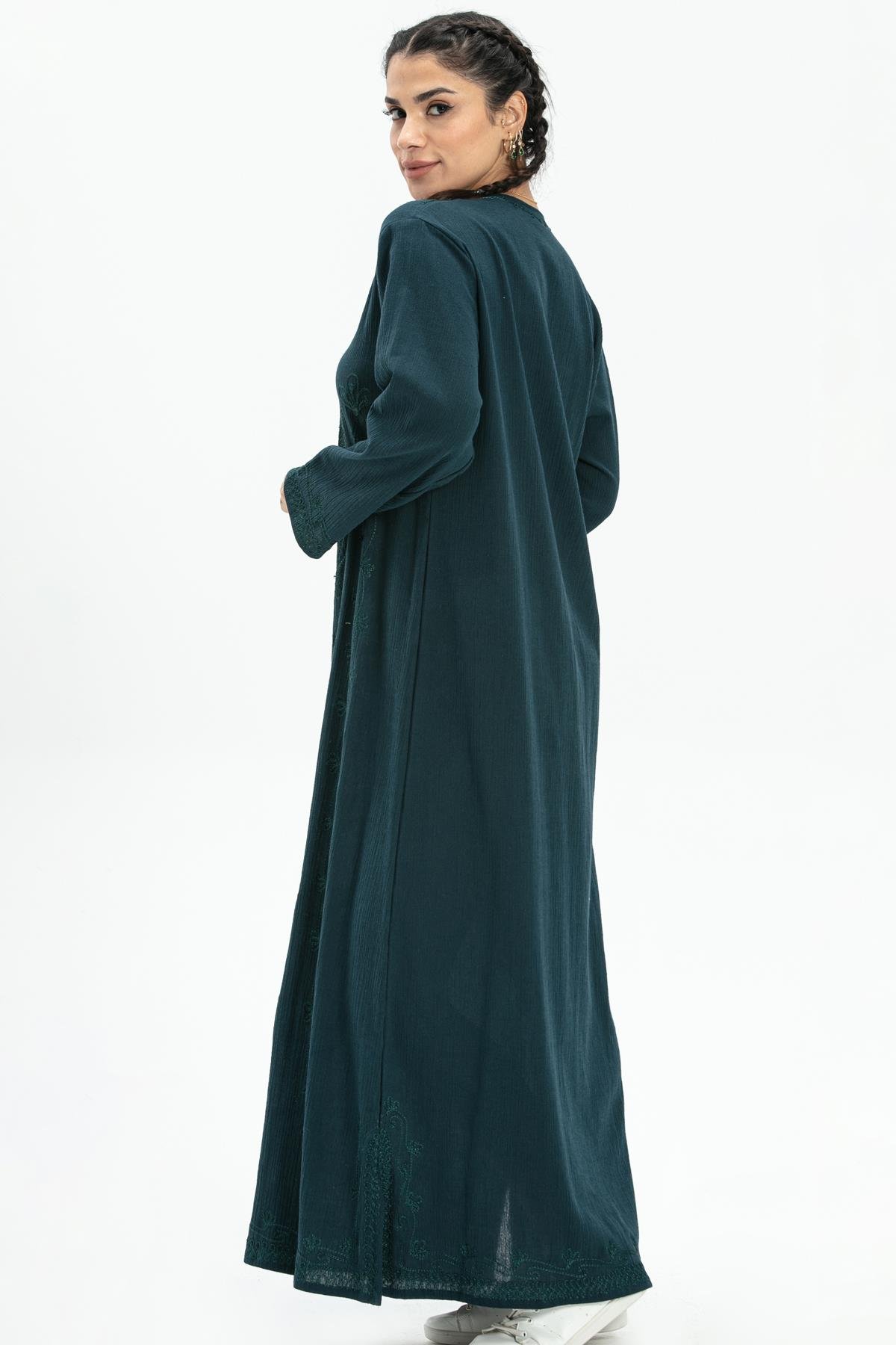 Uzun Kol Şile Bezi Simli Kaftan Midi Boy Elbise Petrol Ptrl