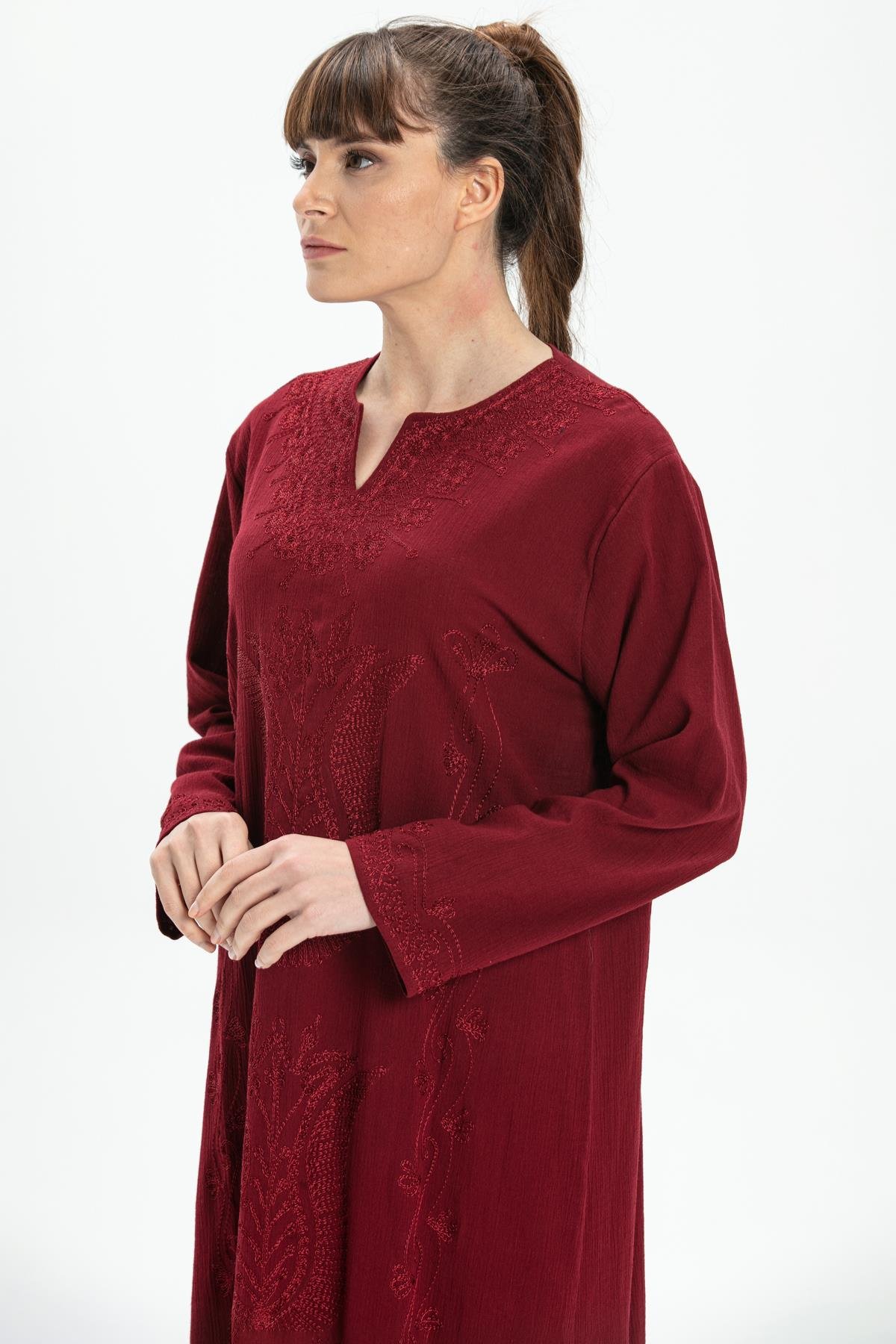 Uzun Kol Şile Bezi Simli Kaftan Midi Boy Elbise Bordo Brd