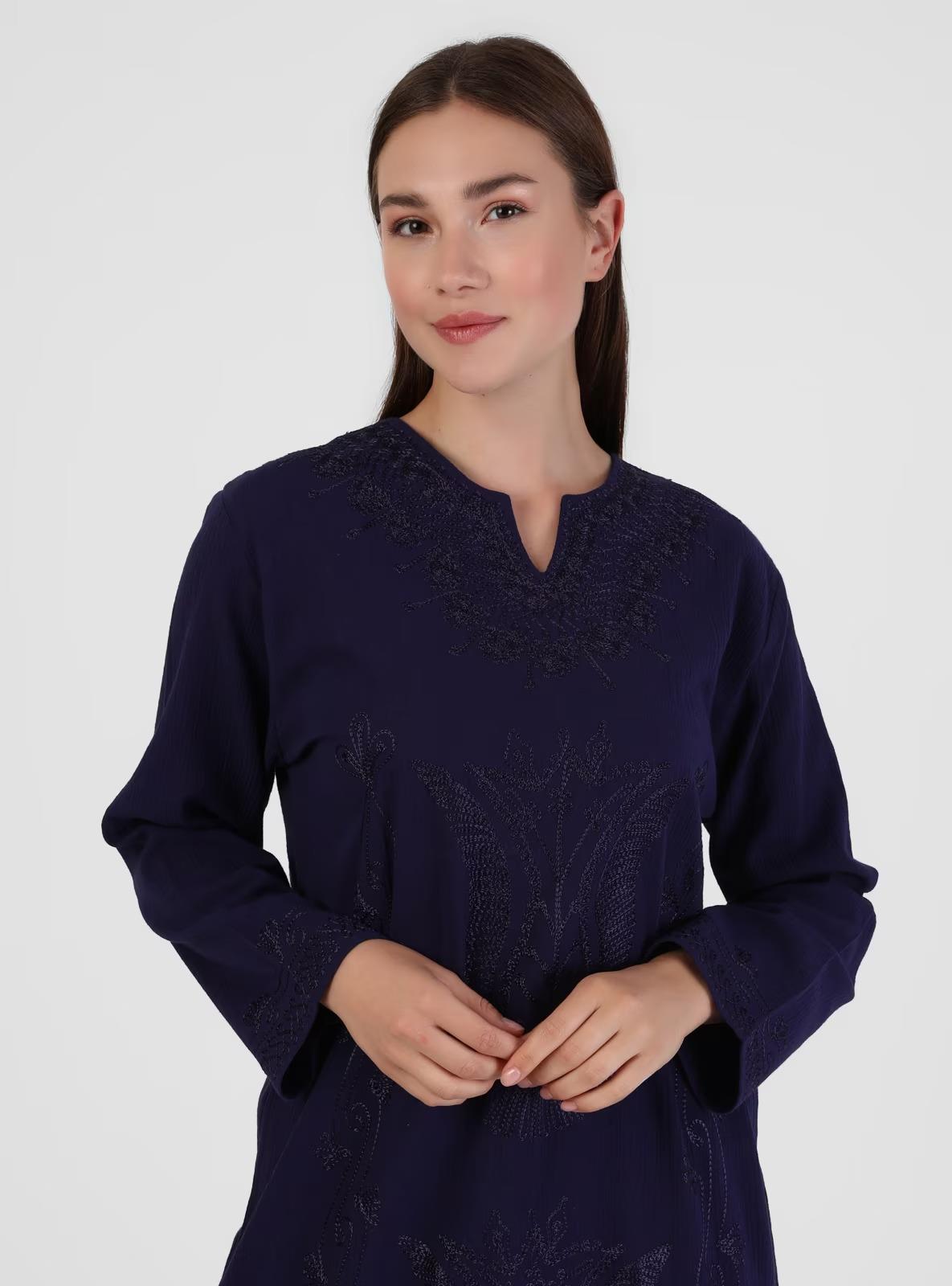 Uzun Kol Şile Bezi Simli Kaftan Midi Boy Elbise Mor Mor