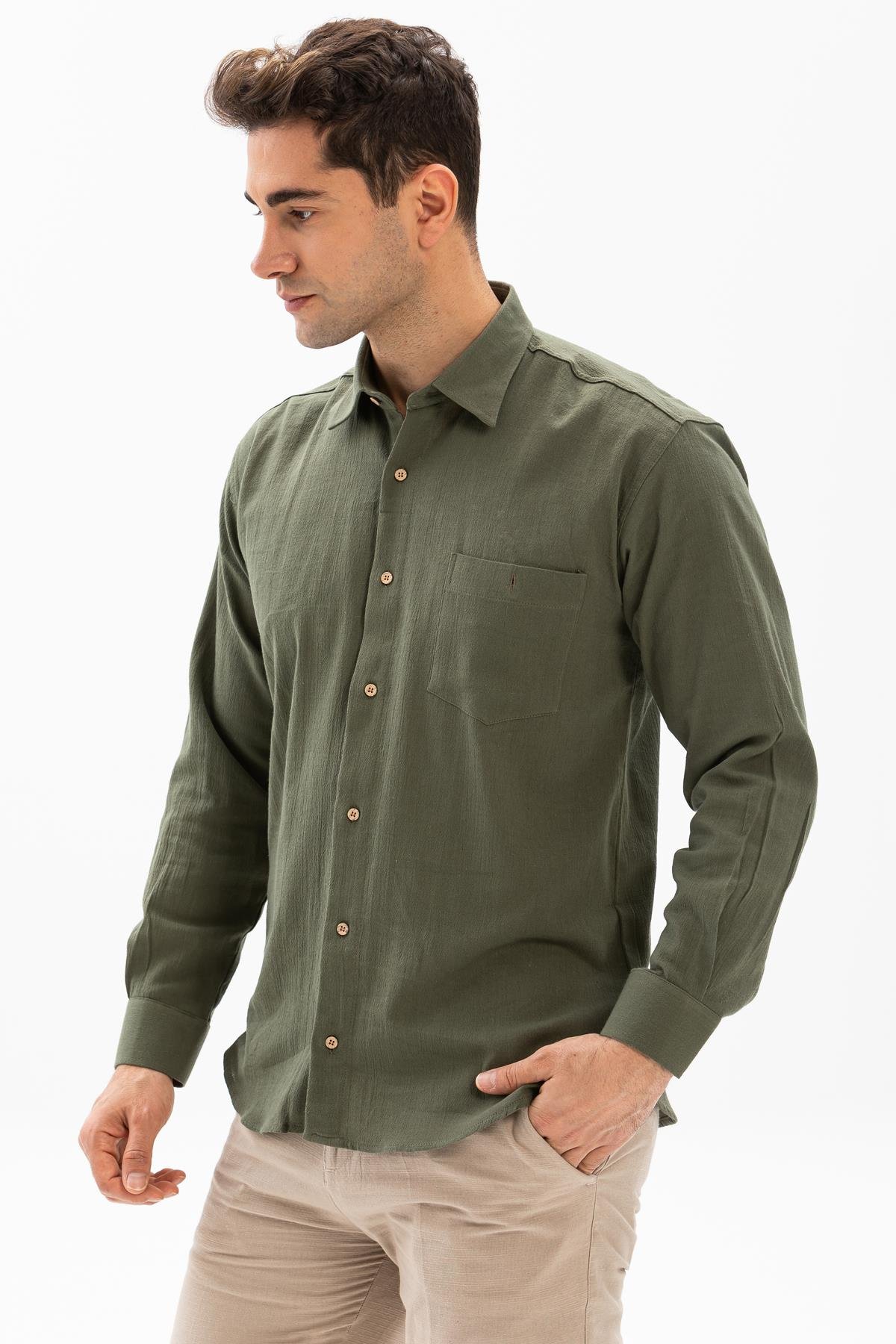 Uzun Kol Şile Bezi Tek Cepli Erkek Gömlek Haki 3049