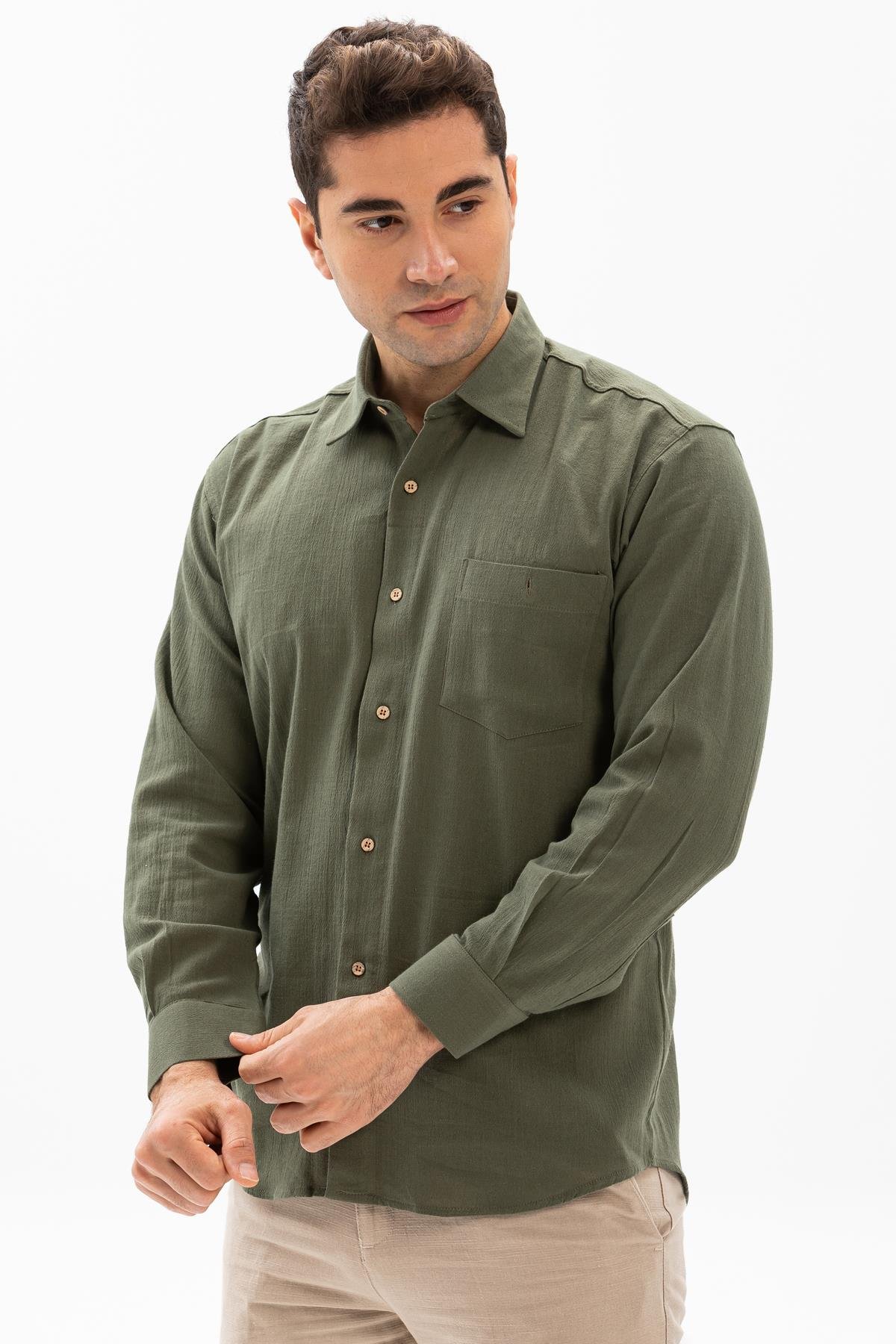 Uzun Kol Şile Bezi Tek Cepli Erkek Gömlek Haki 3049