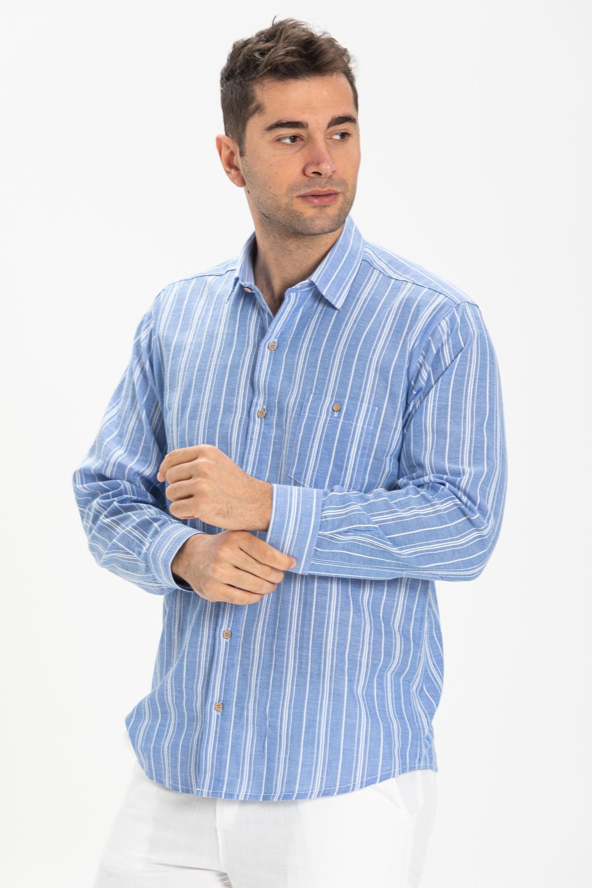 Uzun Kol Şile Bezi Tek Cepli Erkek Gömlek Mavi Beyaz Çizgili 3019