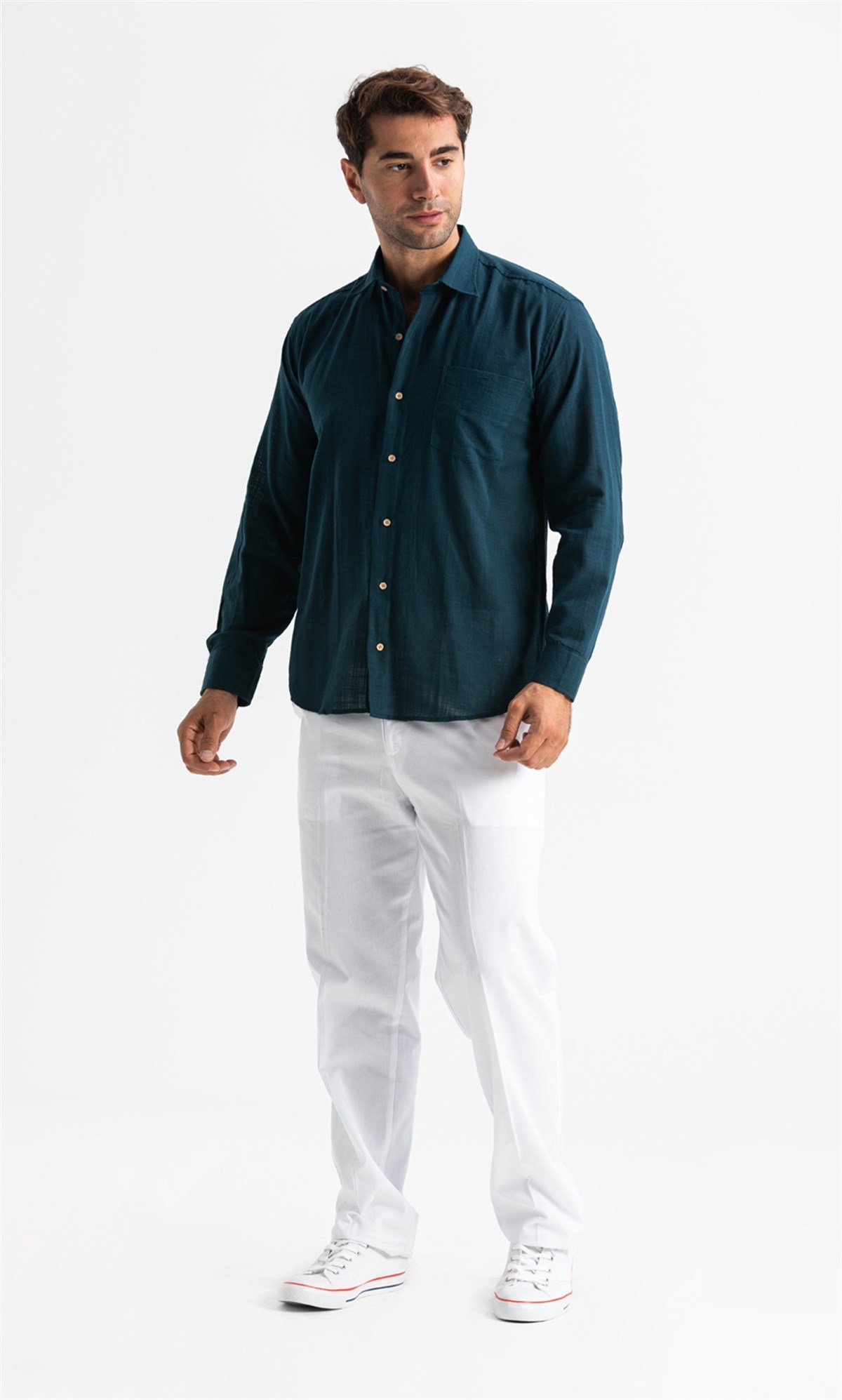 Uzun Kol Şile Bezi Tek Cepli Erkek Gömlek Koyu Petrol 3069