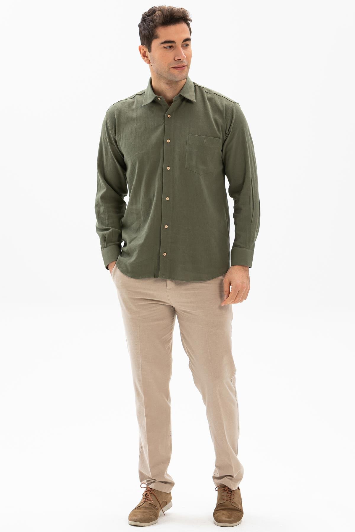 Uzun Kol Şile Bezi Tek Cepli Erkek Gömlek Haki 3049