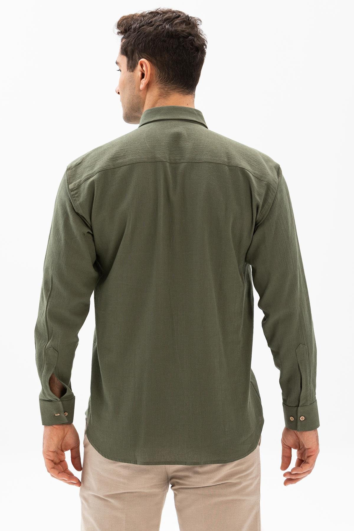 Uzun Kol Şile Bezi Tek Cepli Erkek Gömlek Haki 3049