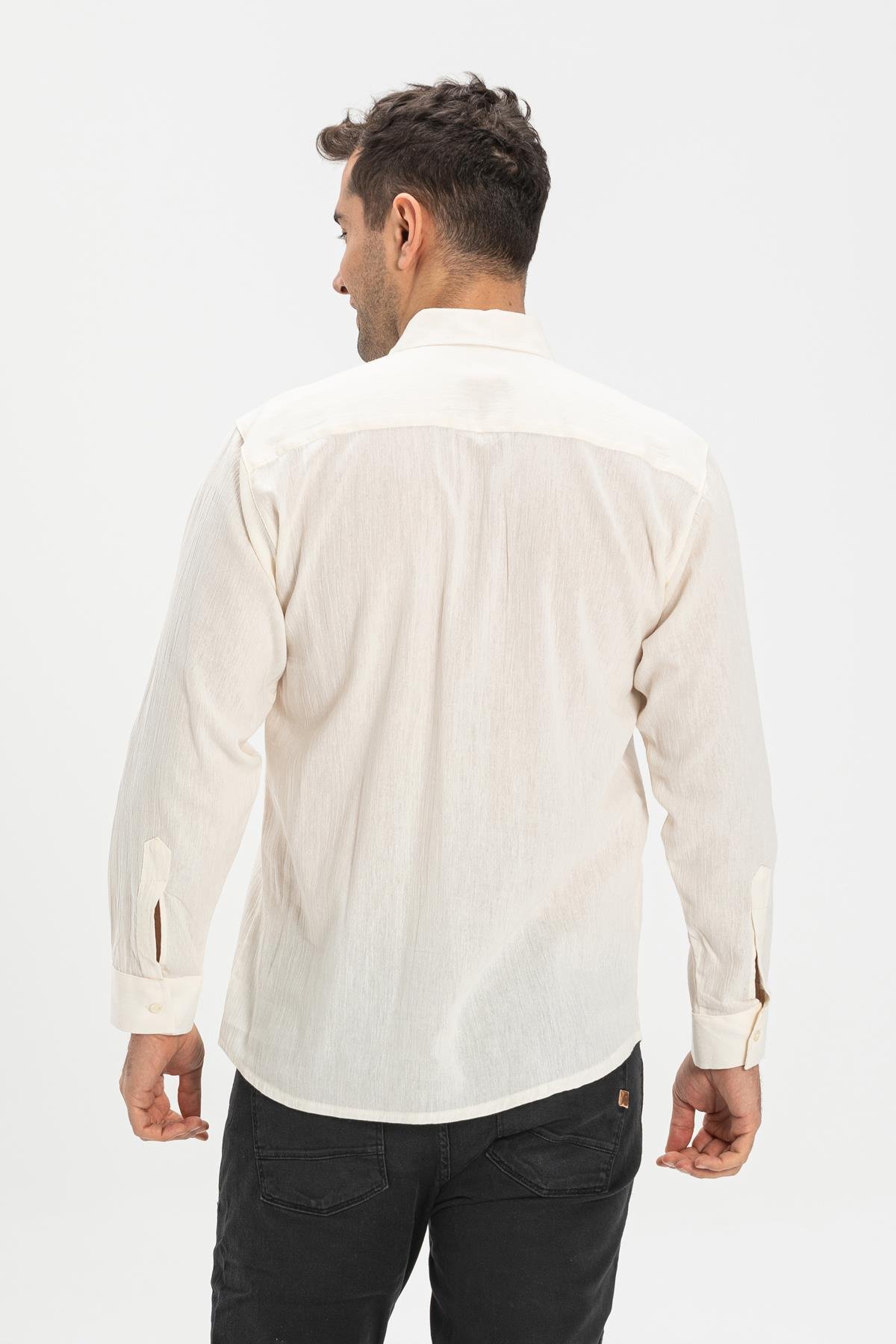 Uzun Kol Şile Bezi Tek Cepli Erkek Gömlek Krem 3002