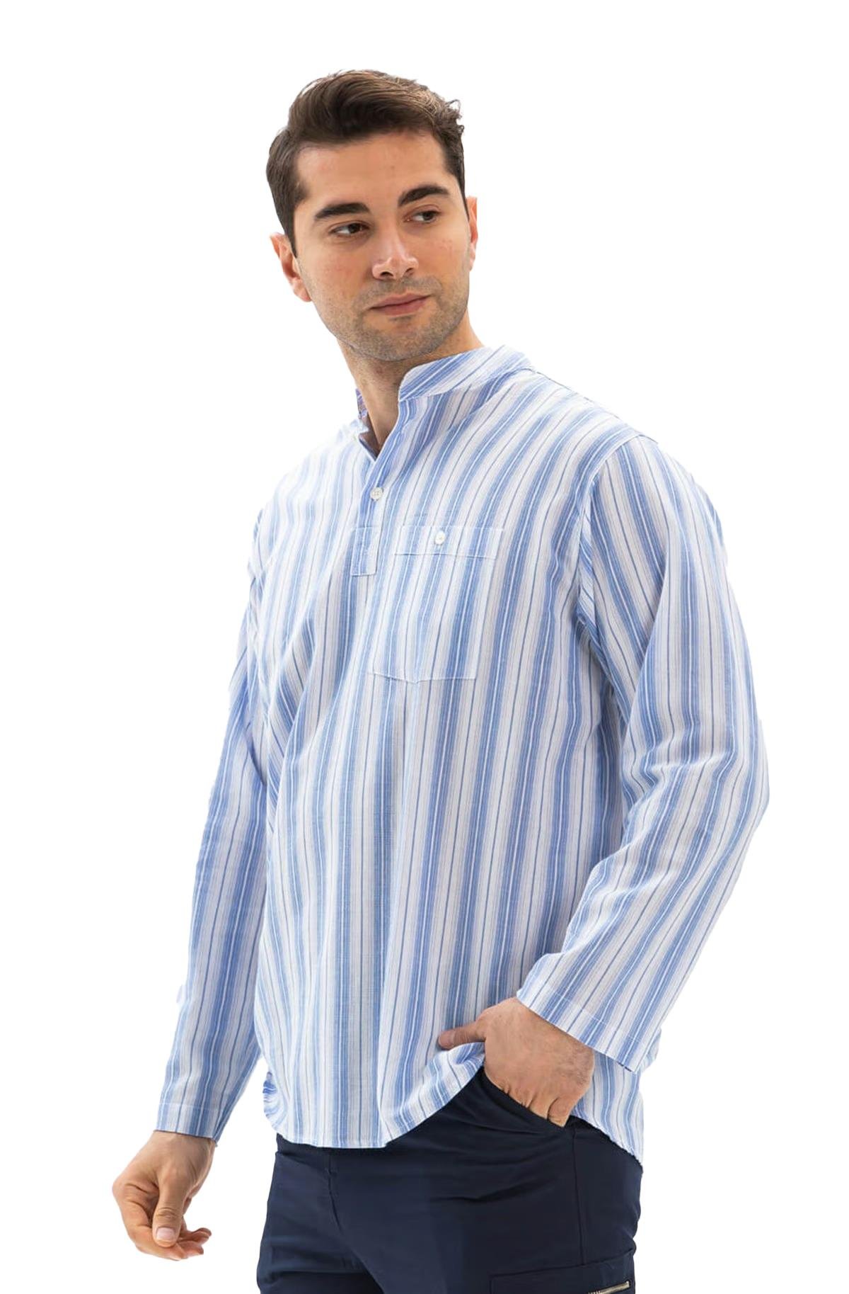Uzun Kol Şile Bezi Tek Cepli Hakim Yaka Erkek Tshirt Mavi Çizgili 3029