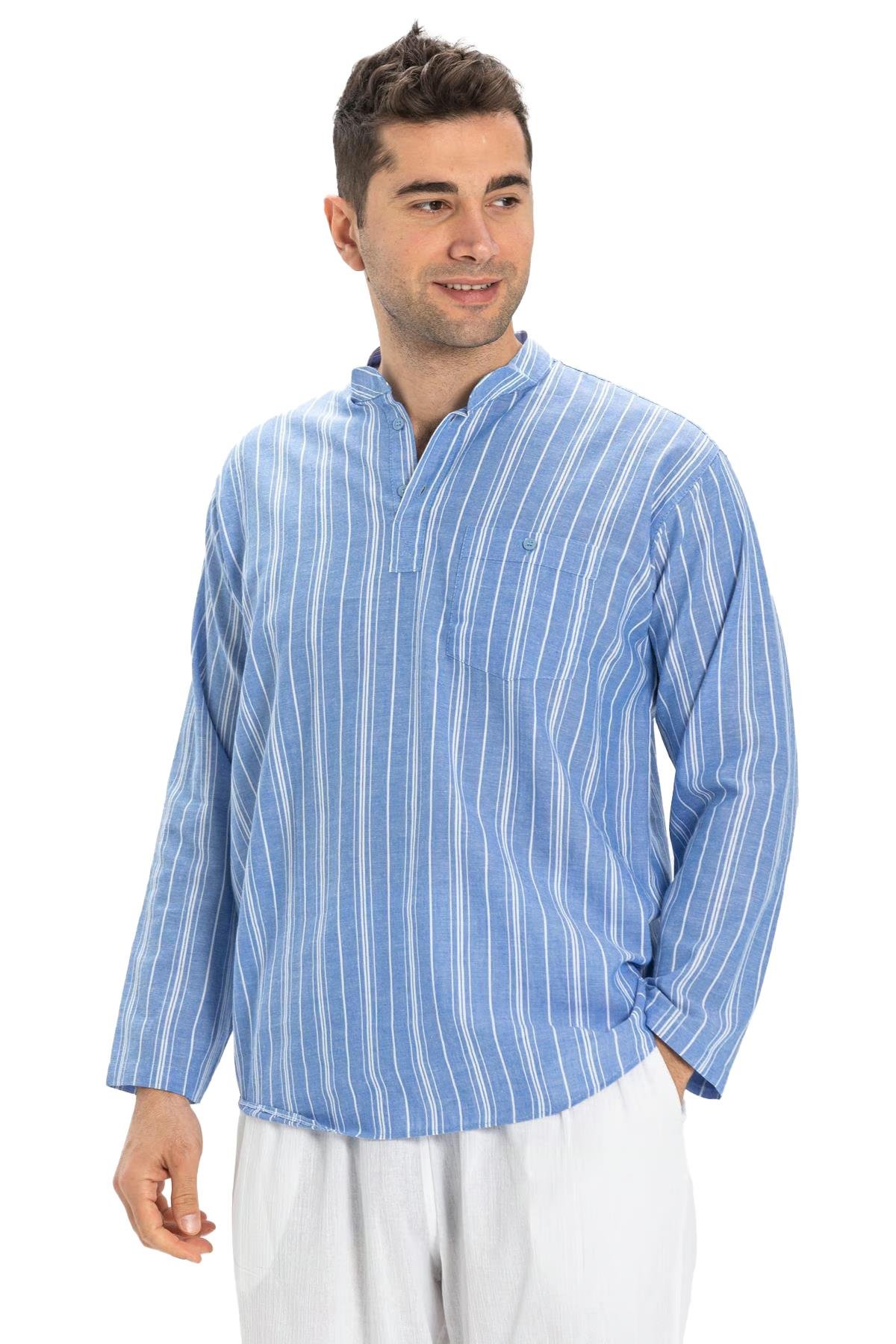 Uzun Kol Şile Bezi Tek Cepli Hakim Yaka Erkek Tshirt Mavi Beyaz Çizgili 3019