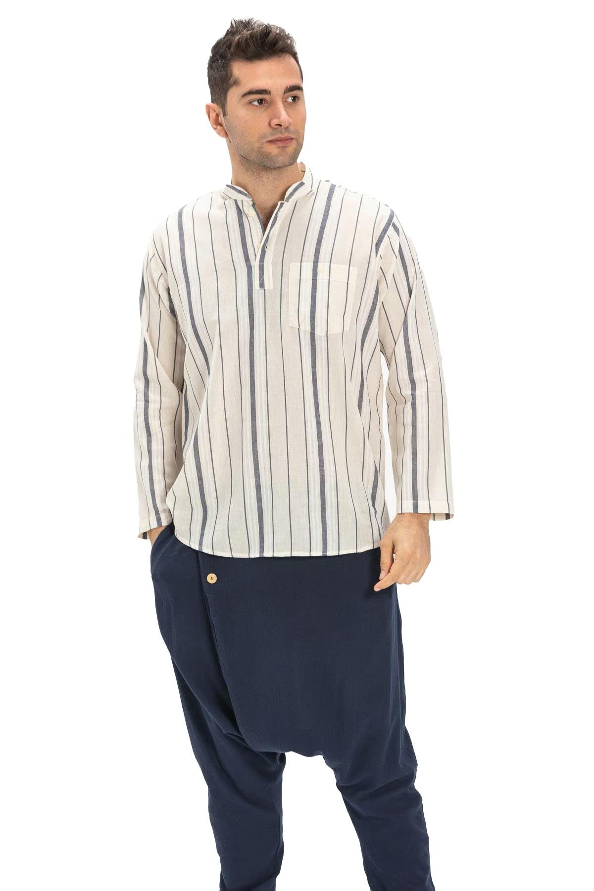 Uzun Kol Şile Bezi Tek Cepli Hakim Yaka Erkek Tshirt Ekru Gri Çizgili 3028