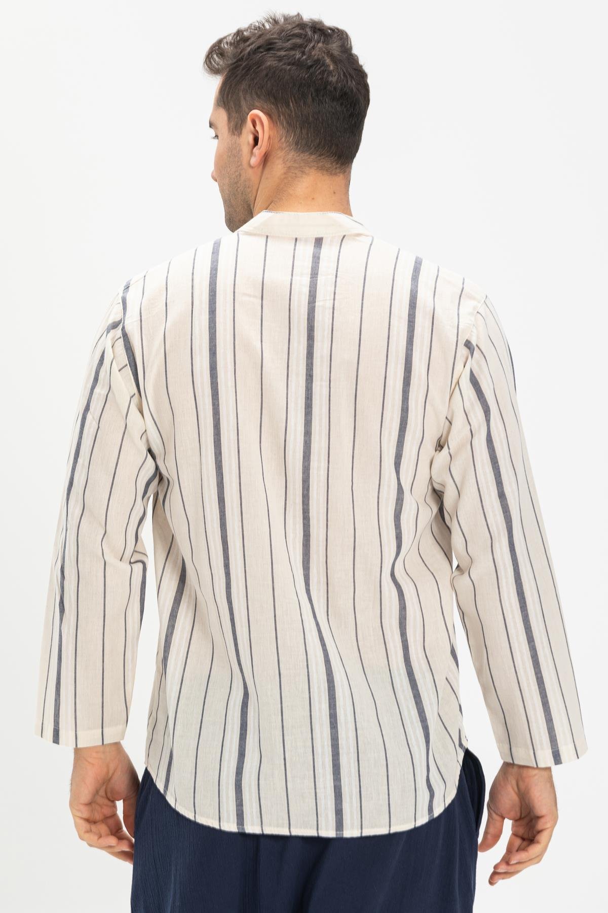 Uzun Kol Şile Bezi Tek Cepli Hakim Yaka Erkek Tshirt Ekru Gri Çizgili 3028