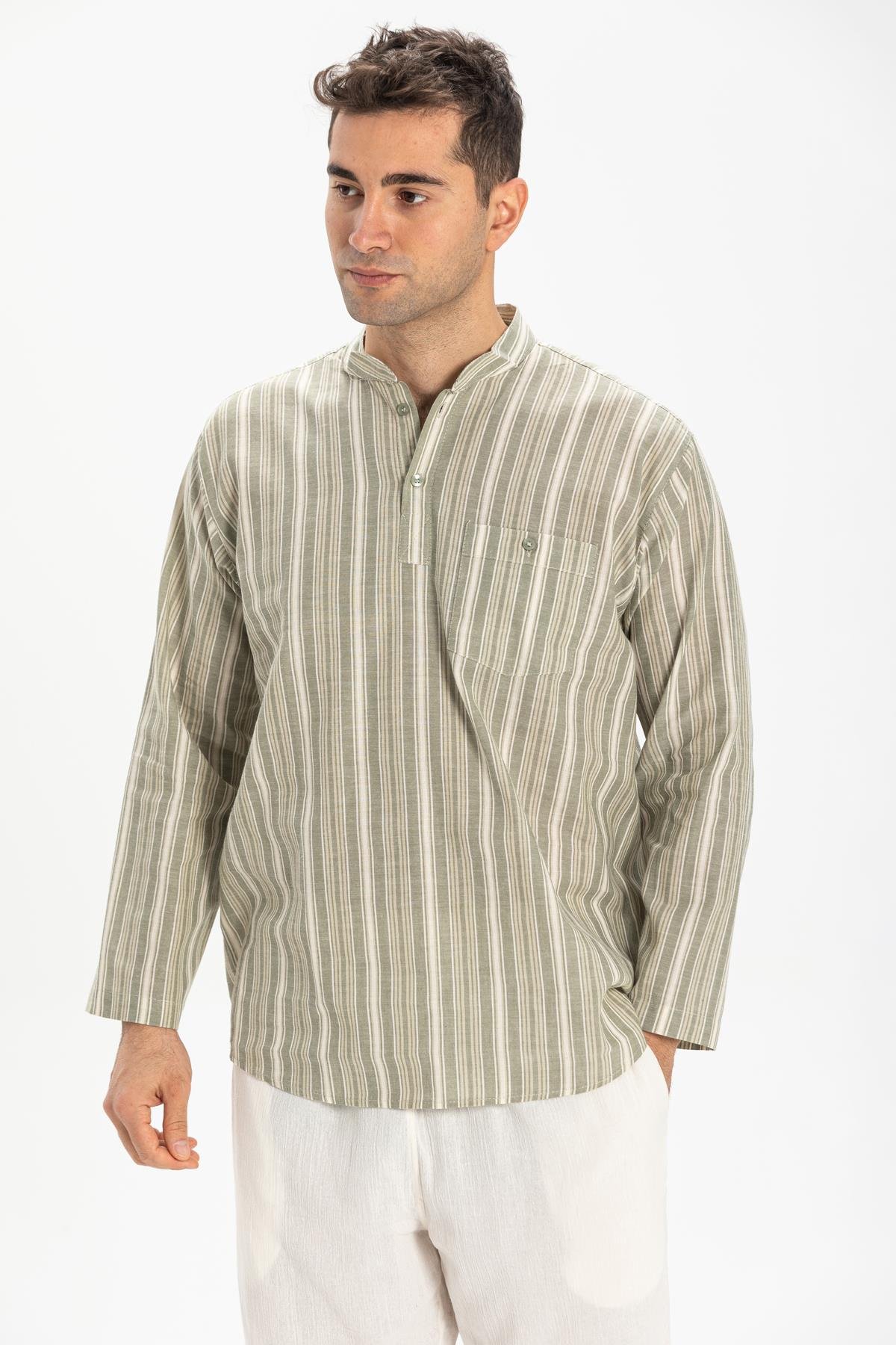 Uzun Kol Şile Bezi Tek Cepli Hakim Yaka Erkek Tshirt Yeşil Çizgili 3026