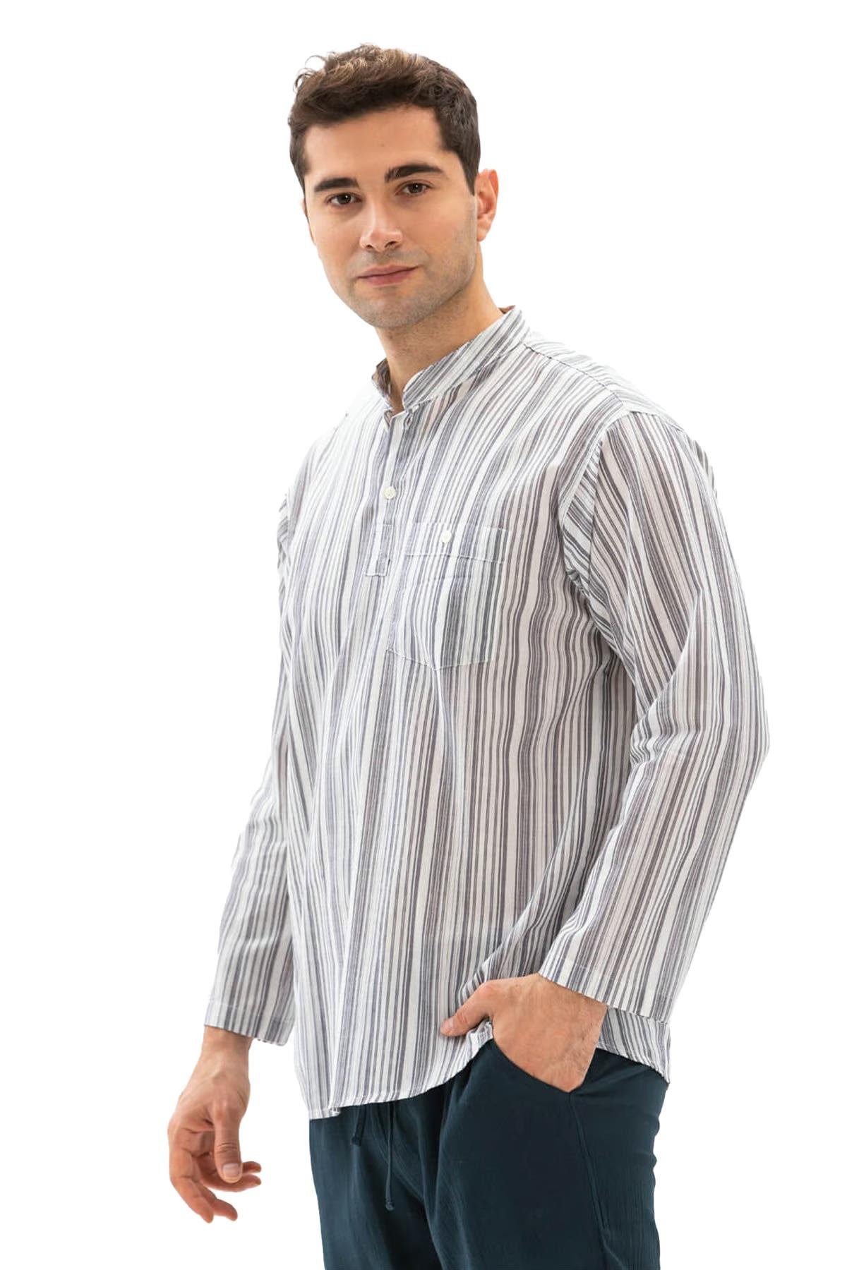 Uzun Kol Şile Bezi Tek Cepli Hakim Yaka Erkek Tshirt Füme Beyaz Çizgili 3014
