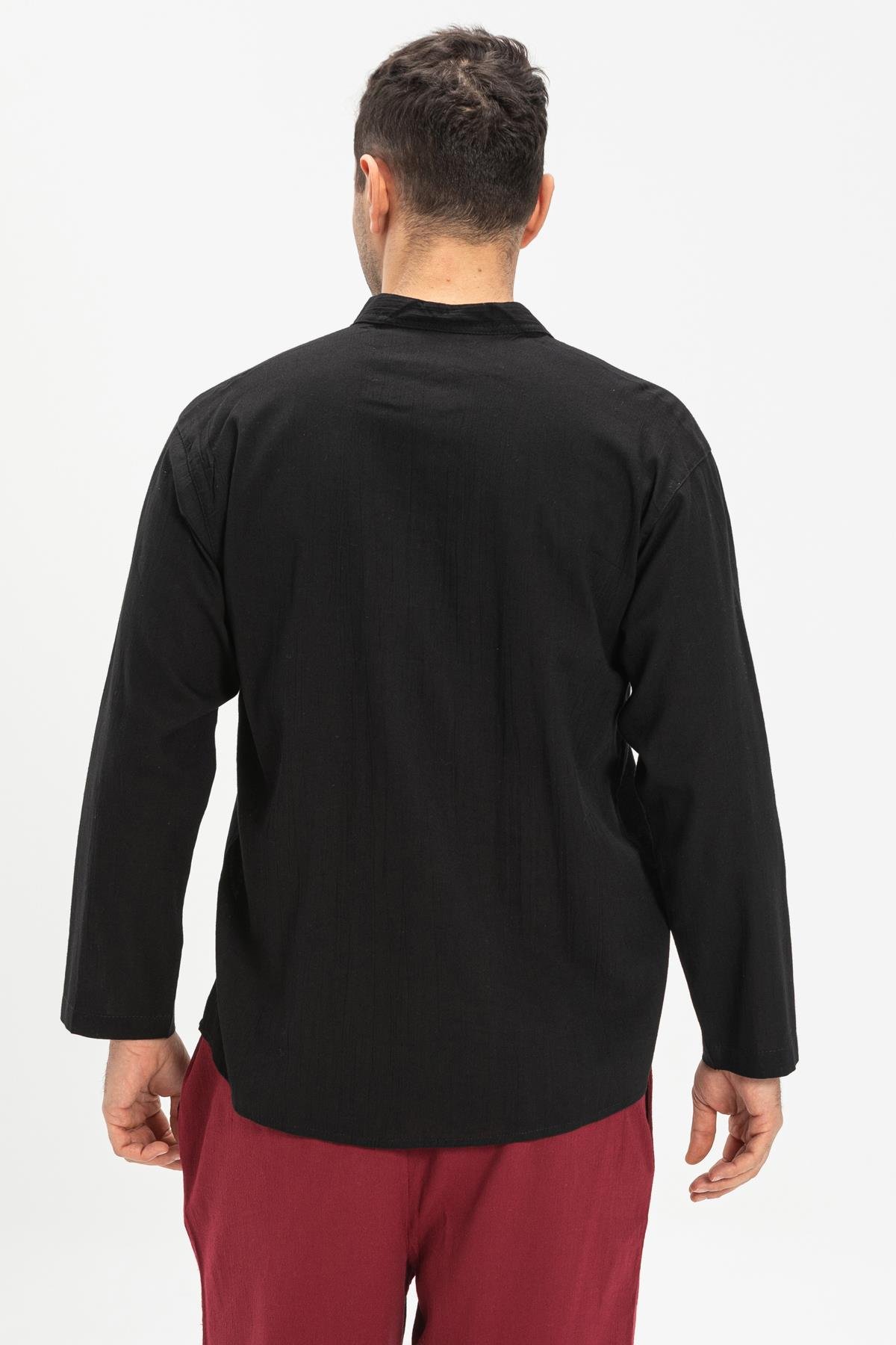 Uzun Kol Şile Bezi Tek Cepli Hakim Yaka Erkek Tshirt Siyah 3003