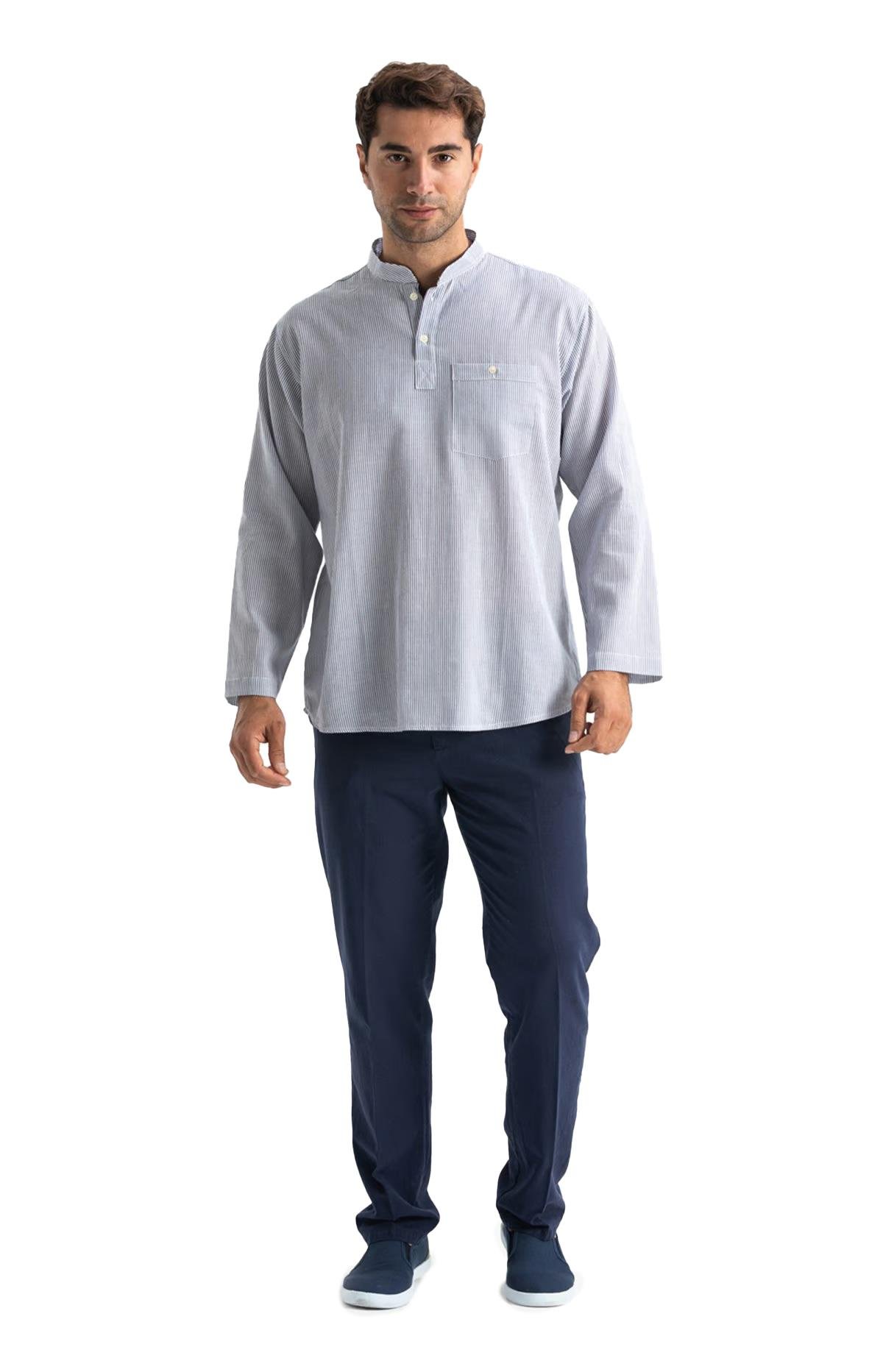 Uzun Kol Şile Bezi Tek Cepli Hakim Yaka Erkek Tshirt Gri Çizgili 3015