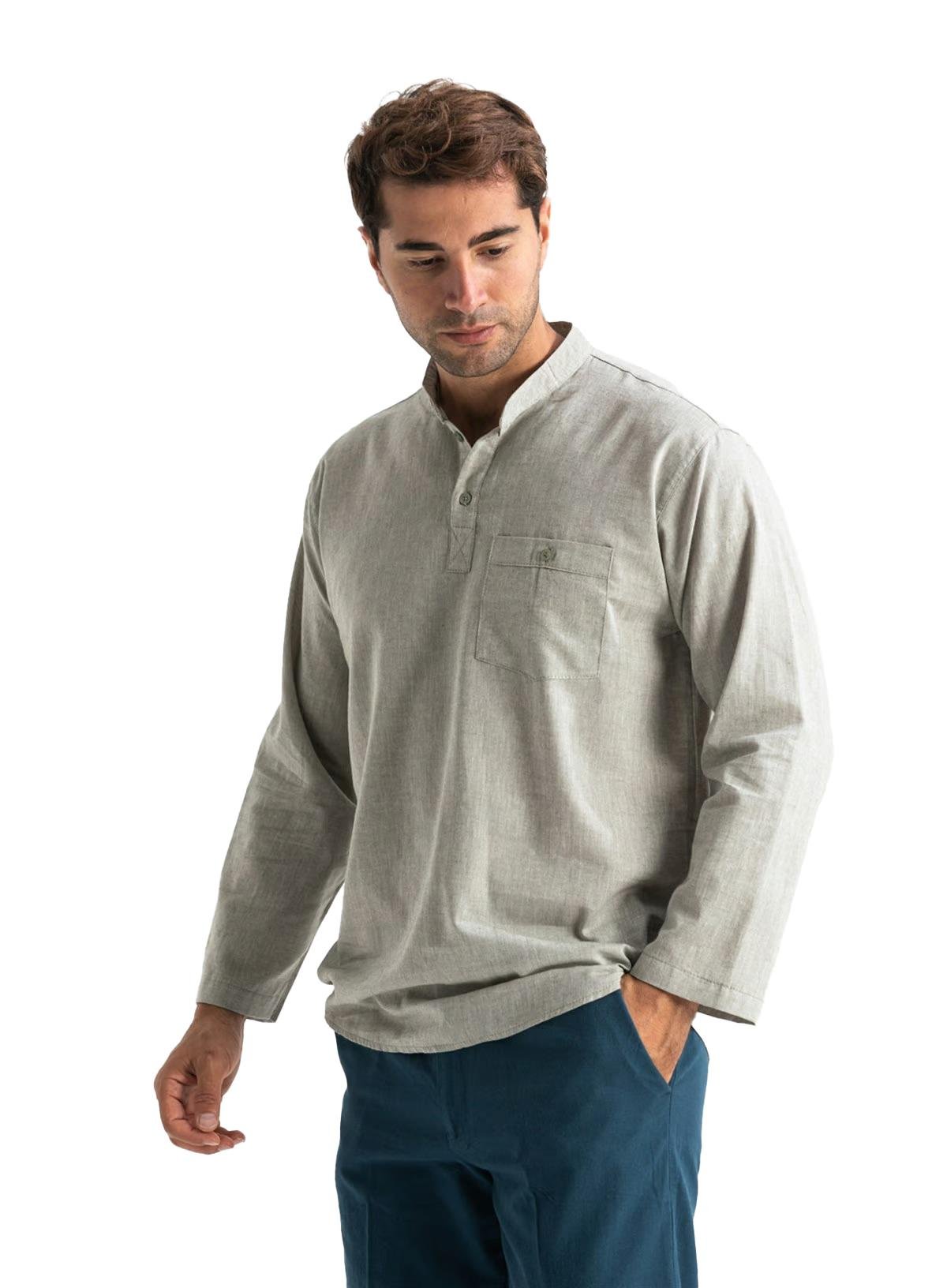 Uzun Kol Şile Bezi Tek Cepli Hakim Yaka Erkek Tshirt Taş 3031