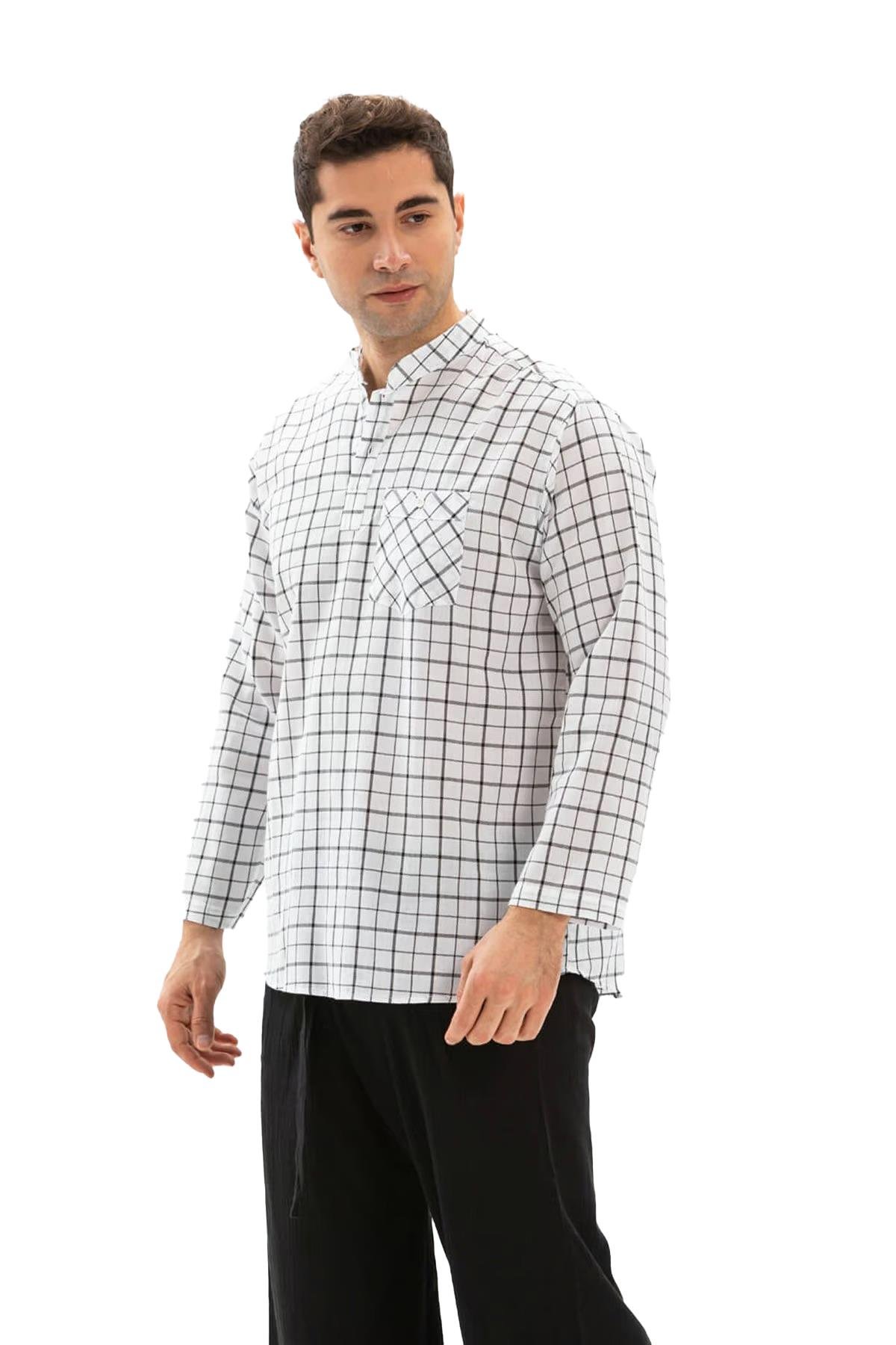 Uzun Kol Şile Bezi Tek Cepli Hakim Yaka Erkek Tshirt Beyaz Kareli byzkrl