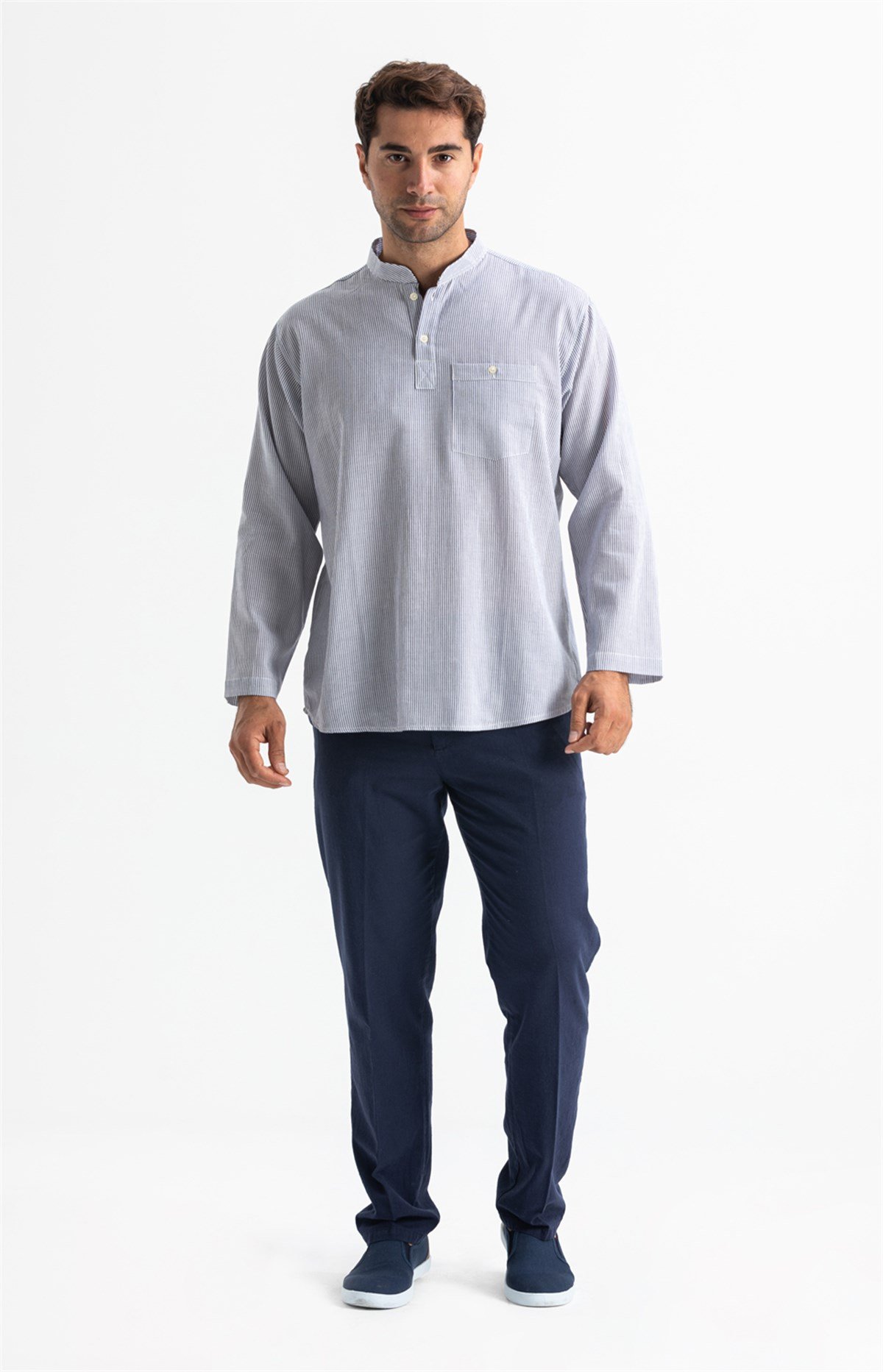 Uzun Kol Şile Bezi Tek Cepli Hakim Yaka Erkek Tshirt Gri Çizgili 3015