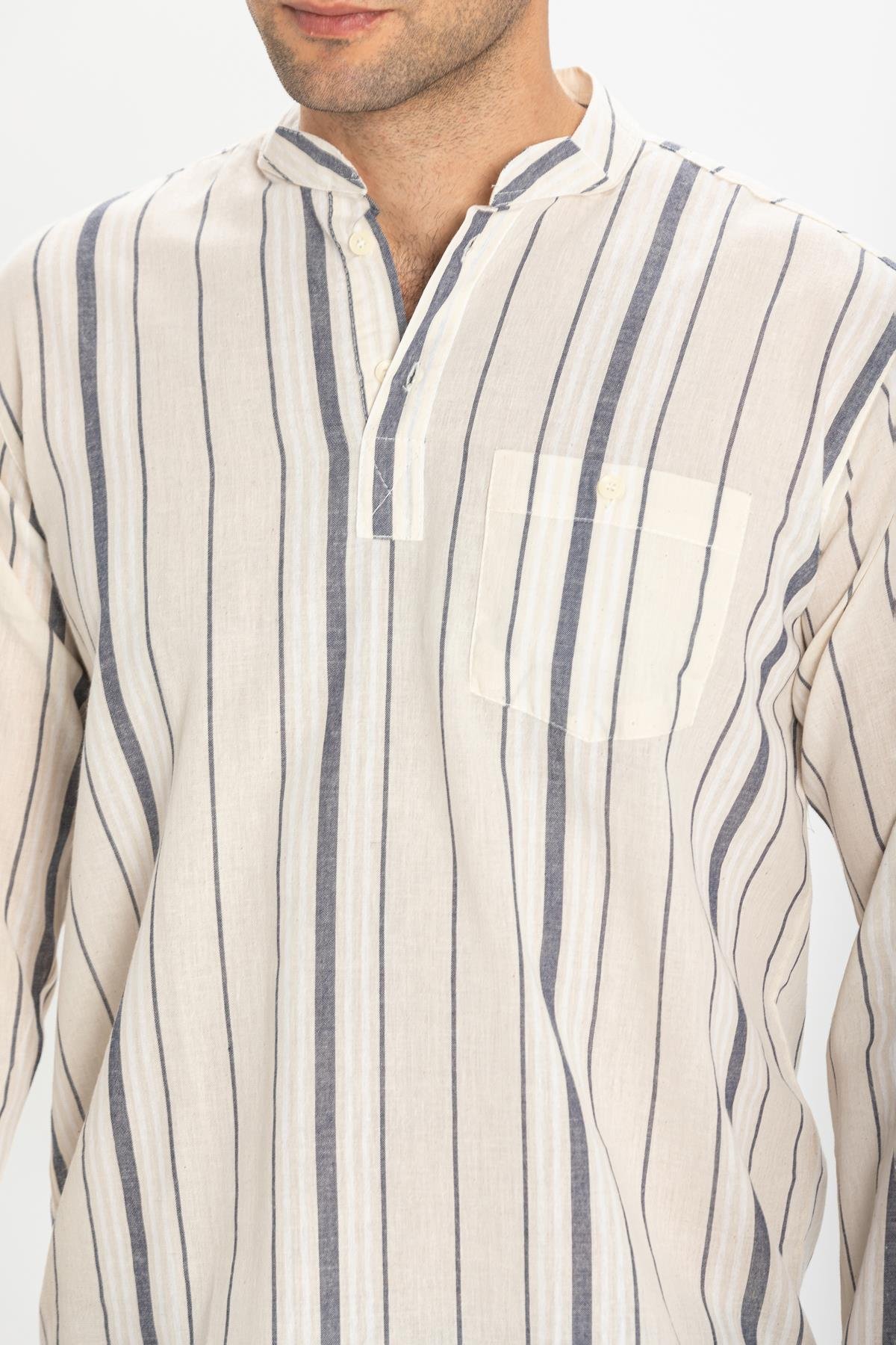 Uzun Kol Şile Bezi Tek Cepli Hakim Yaka Erkek Tshirt Ekru Gri Çizgili 3028