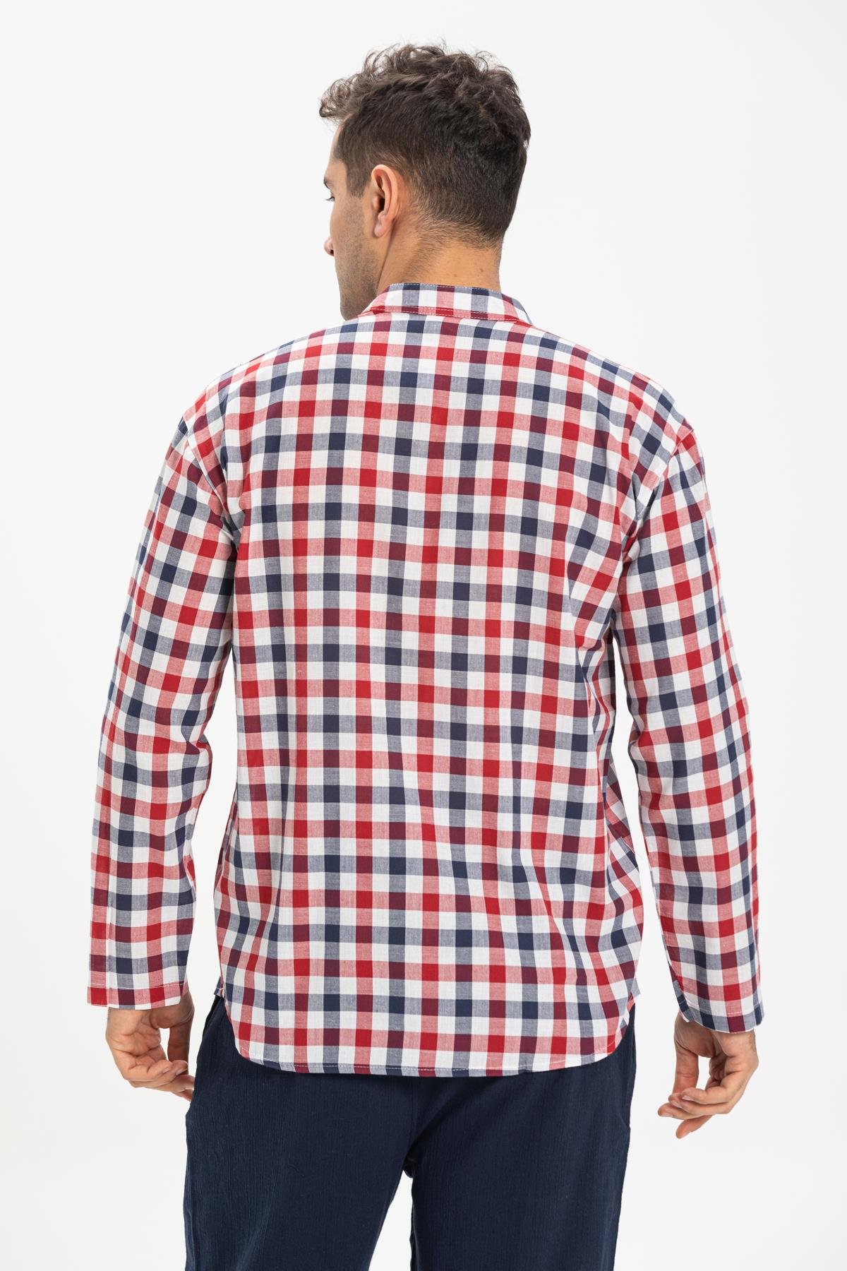 Uzun Kol Şile Bezi Tek Cepli Hakim Yaka Erkek Tshirt Kırmızı Lacivert Kareli 3008