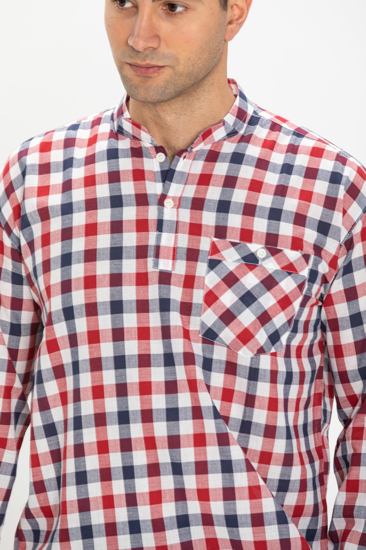 Uzun Kol Şile Bezi Tek Cepli Hakim Yaka Erkek Tshirt Kırmızı Lacivert Kareli 3008