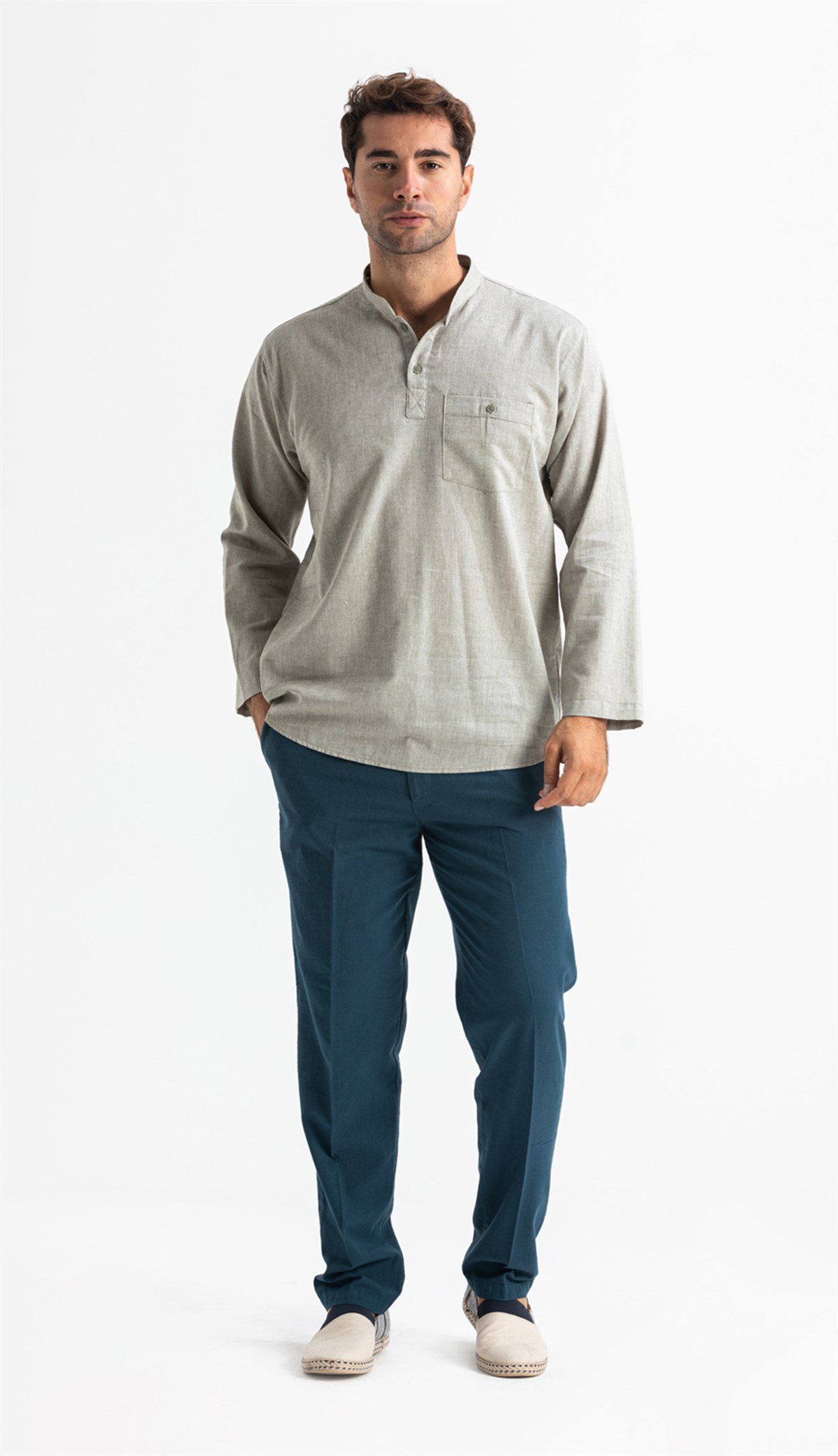 Uzun Kol Şile Bezi Tek Cepli Hakim Yaka Erkek Tshirt Taş 3031