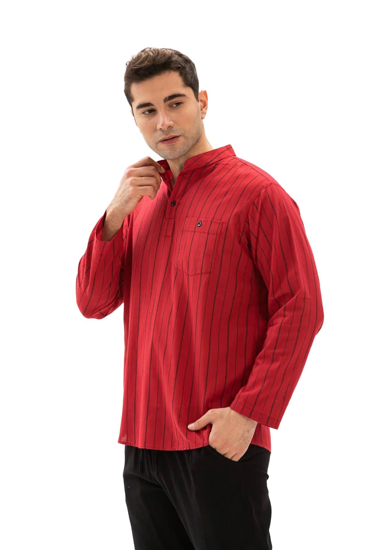 Uzun Kol Şile Bezi Tek Cepli Hakim Yaka Erkek Tshirt Kırmızı Siyah Çizgili 3005