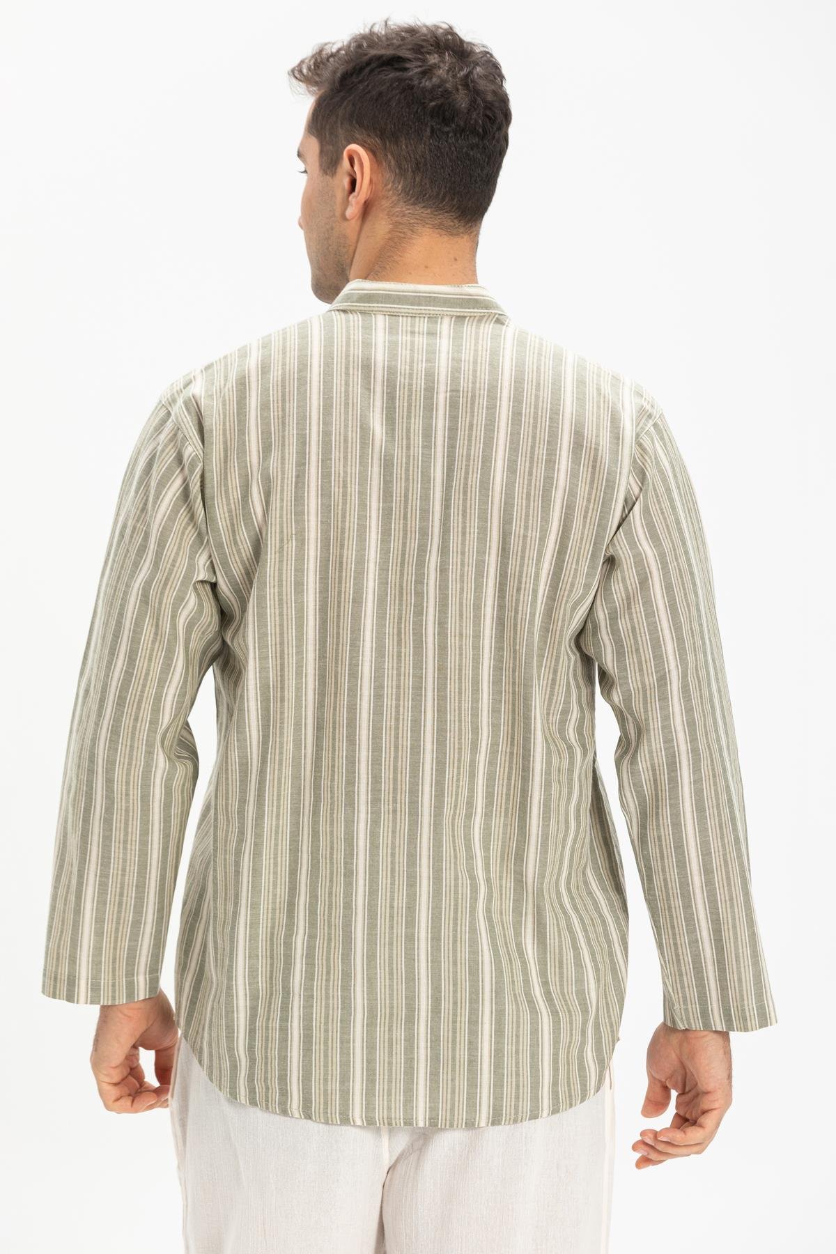 Uzun Kol Şile Bezi Tek Cepli Hakim Yaka Erkek Tshirt Yeşil Çizgili 3026